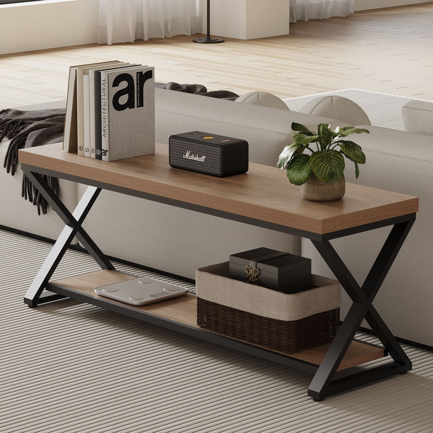 Paasyonmate Entryway Bench with Storage, Rustic Oak Shoe Bench Entryway with Metal Frame 3