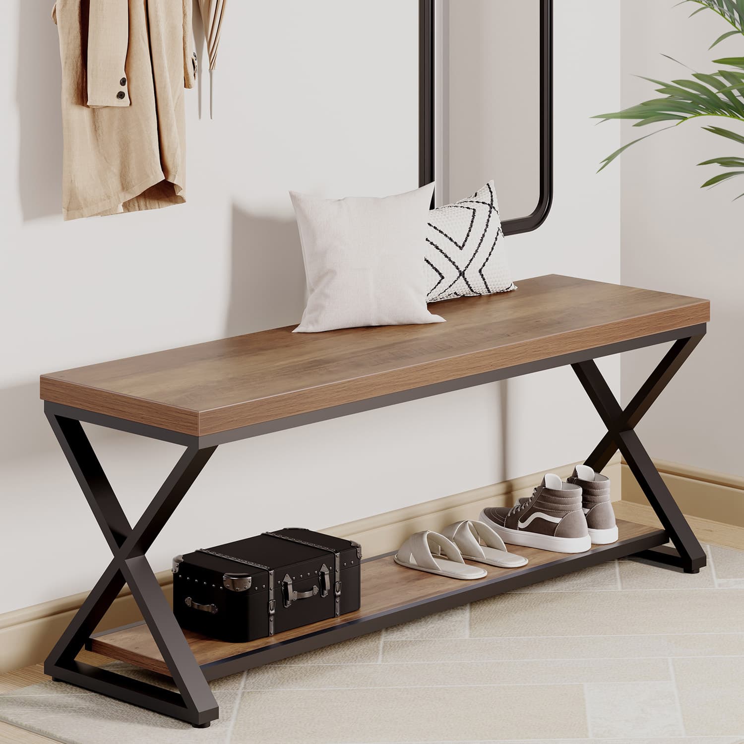 Paasyonmate Entryway Bench with Storage, Rustic Oak Shoe Bench Entryway with Metal Frame 4