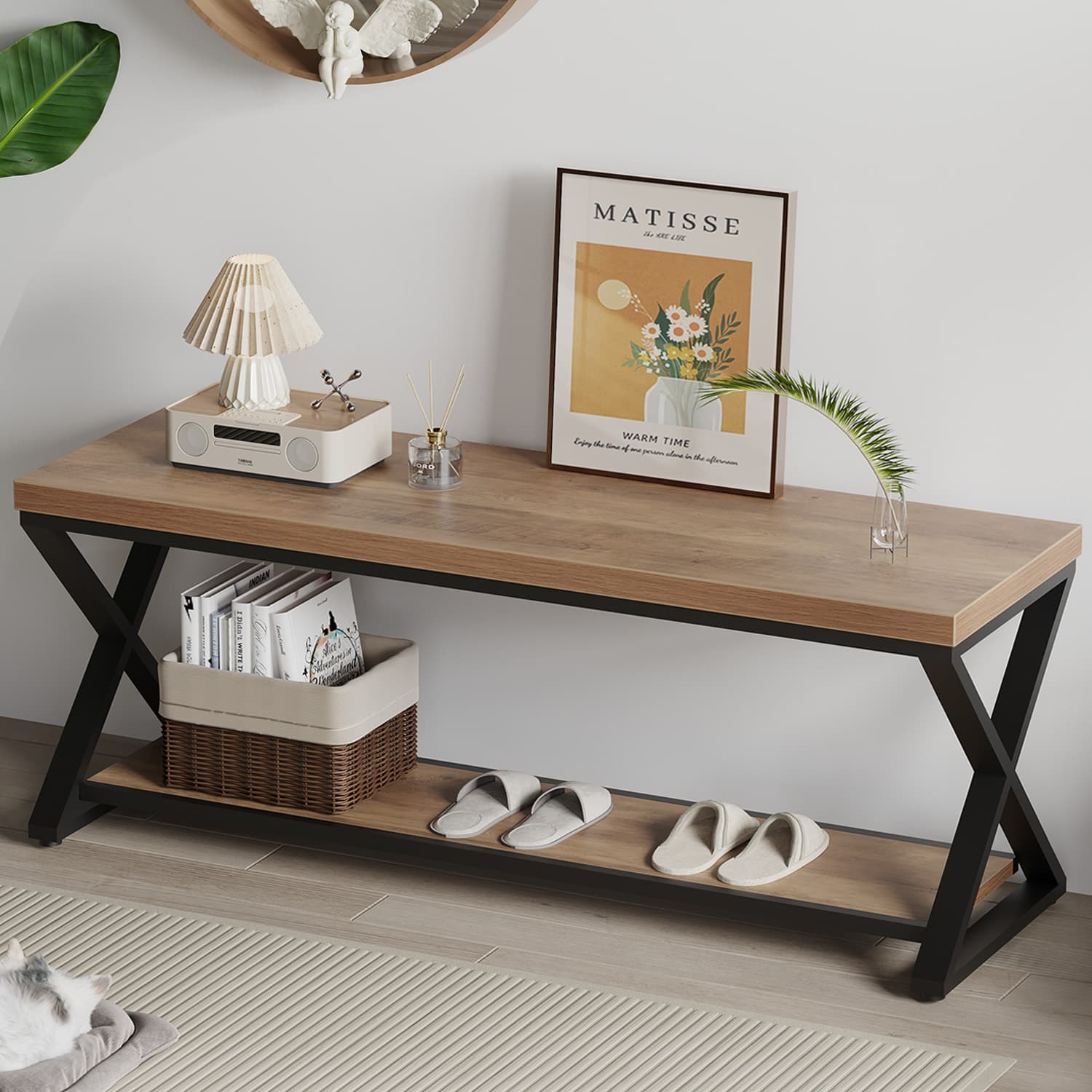 Paasyonmate Entryway Bench with Storage, Rustic Oak Shoe Bench Entryway with Metal Frame