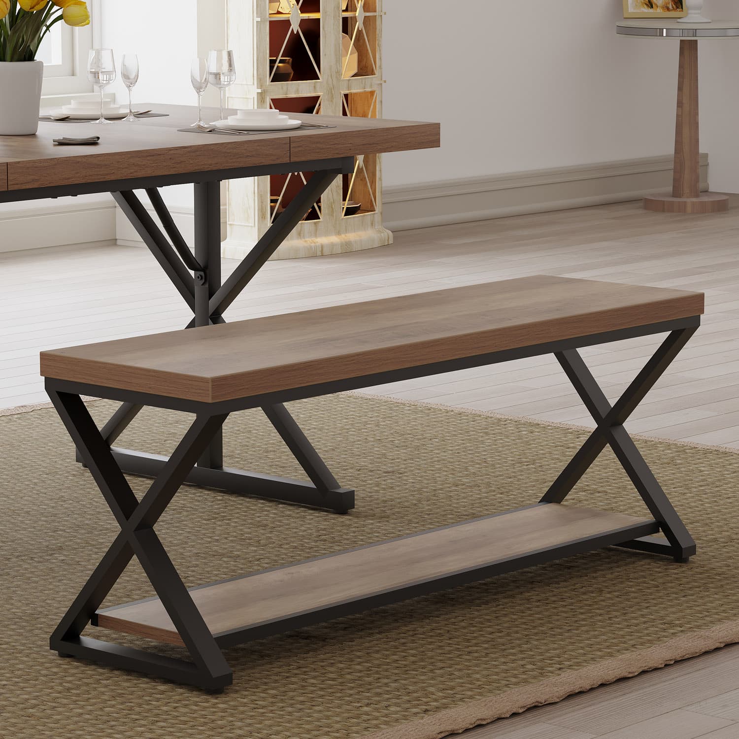 Paasyonmate Entryway Bench with Storage, Rustic Oak Shoe Bench Entryway with Metal Frame 5