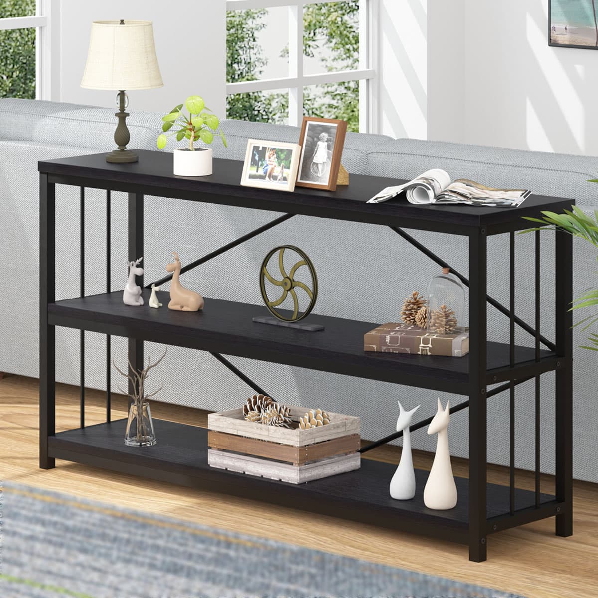 Paasyonmate 55" Entryway Table , Modern Industrial Console Table, Sofa Side Table with Storage, Black
