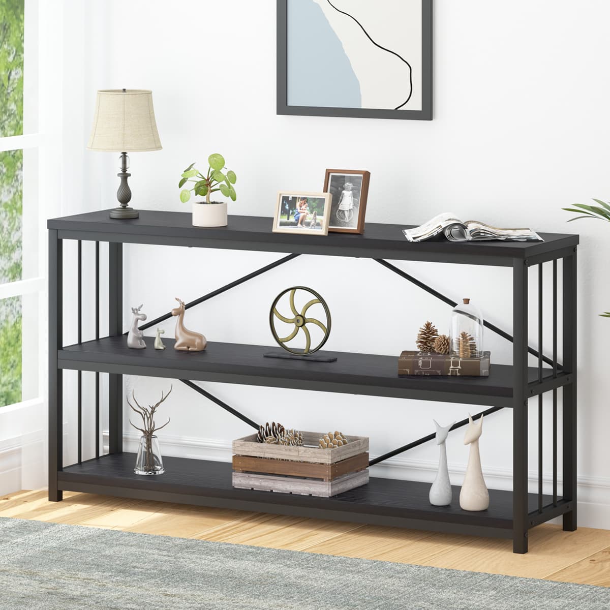 Paasyonmate 55" Entryway Table , Modern Industrial Console Table, Sofa Side Table with Storage, Black 2