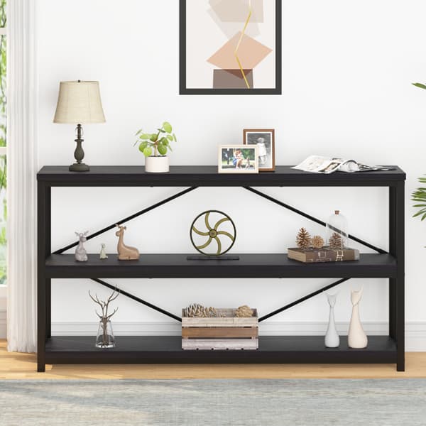 Paasyonmate 55" Entryway Table , Modern Industrial Console Table, Sofa Side Table with Storage, Black 3