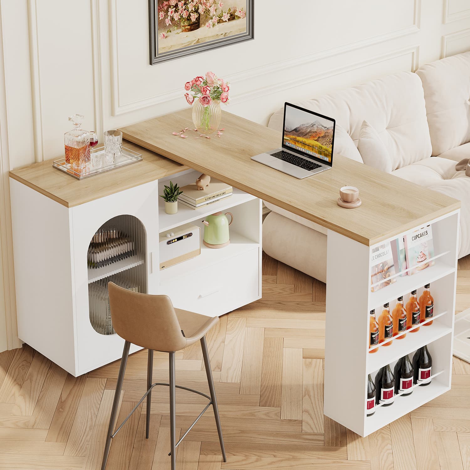 Paasyonmate 72" Mobile Rolling Kitchen Island with Seating and Storage Space, White Oak