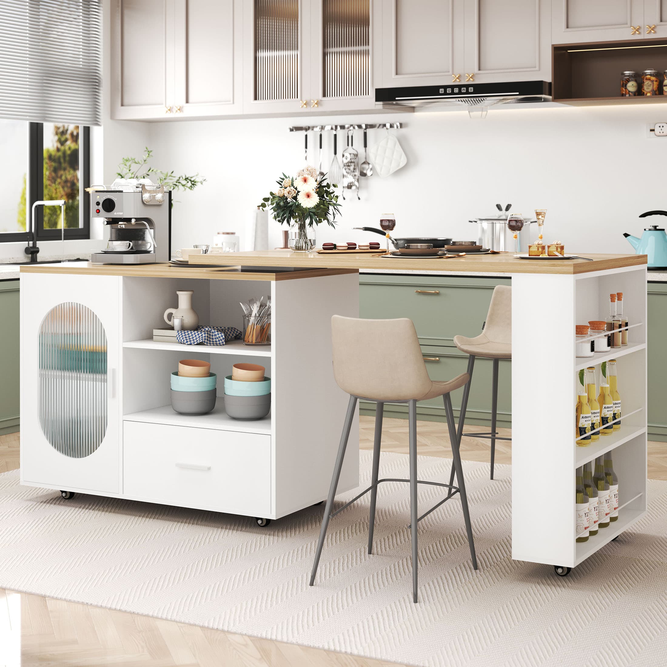 Paasyonmate 72" Mobile Rolling Kitchen Island with Seating and Storage Space, White Oak 2