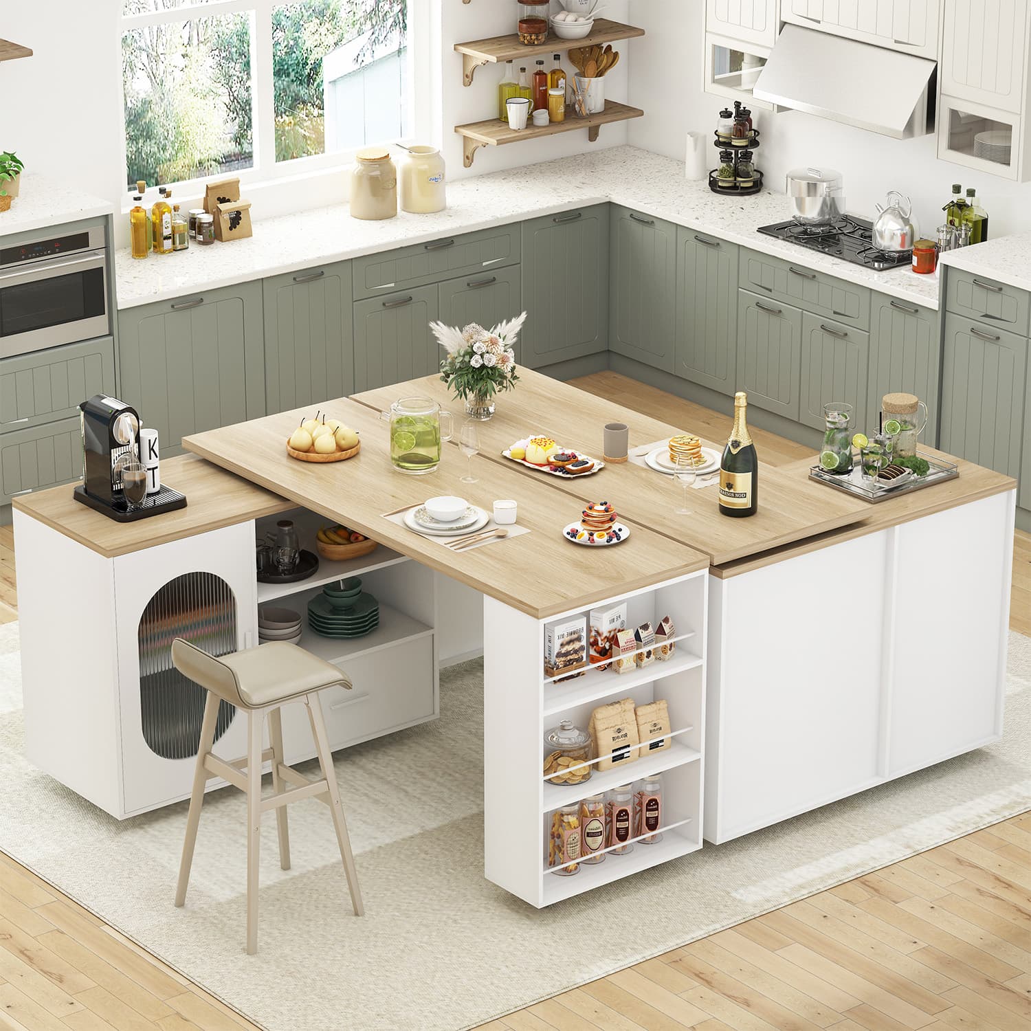 Paasyonmate 72" Mobile Rolling Kitchen Island with Seating and Storage Space, White Oak 3