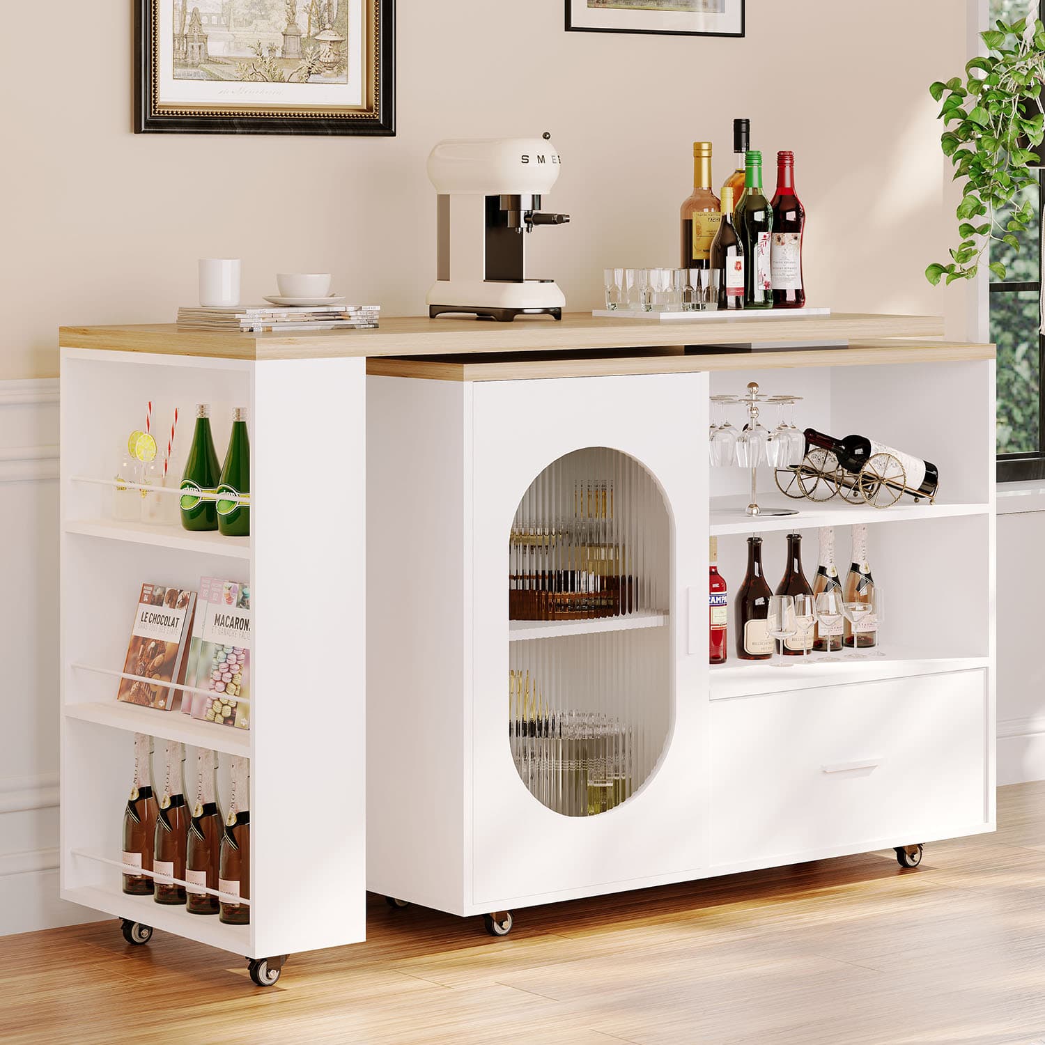 Paasyonmate 72" Mobile Rolling Kitchen Island with Seating and Storage Space, White Oak 4