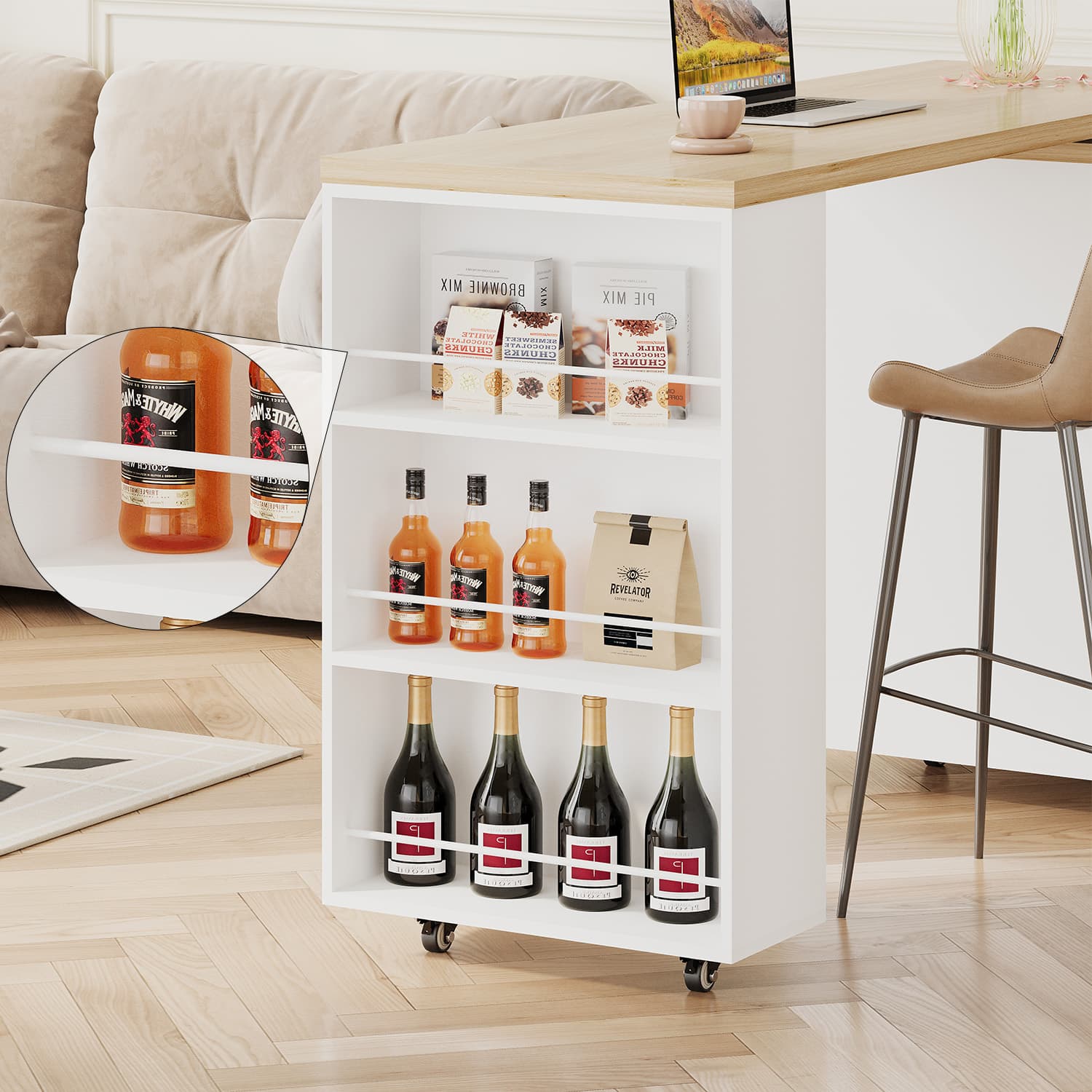 Paasyonmate 72" Mobile Rolling Kitchen Island with Seating and Storage Space, White Oak 5