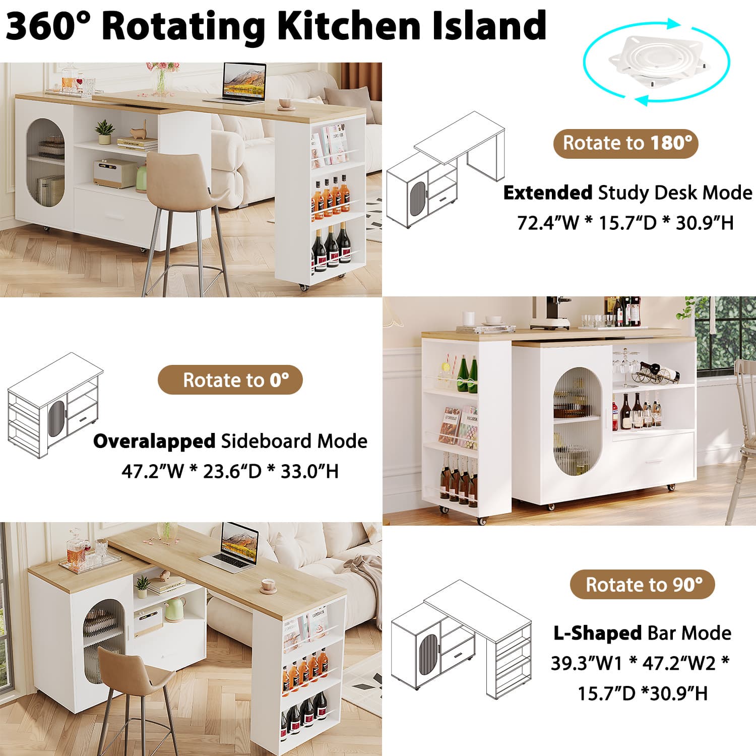 Paasyonmate 72" Mobile Rolling Kitchen Island with Seating and Storage Space, White Oak 8