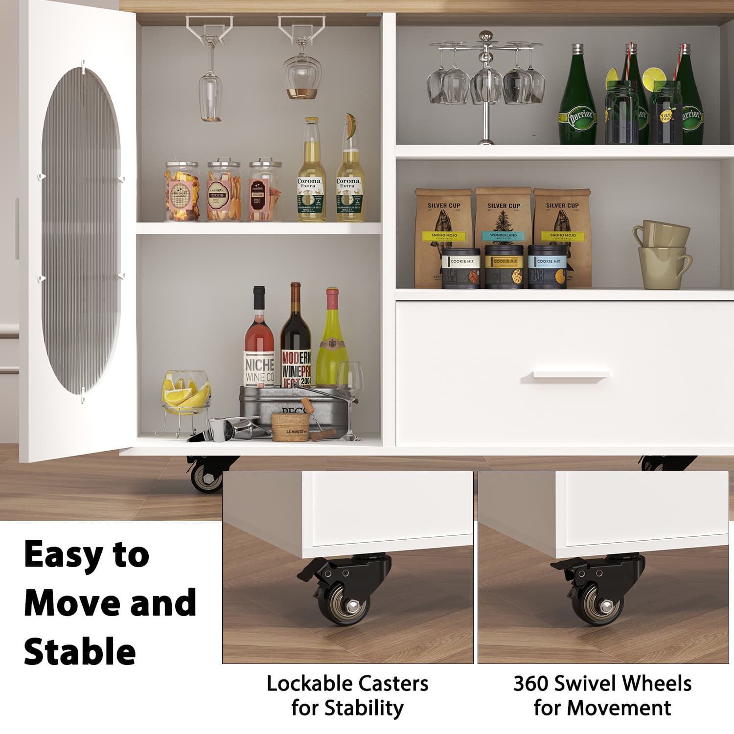 Paasyonmate 72" Mobile Rolling Kitchen Island with Seating and Storage Space, White Oak 9