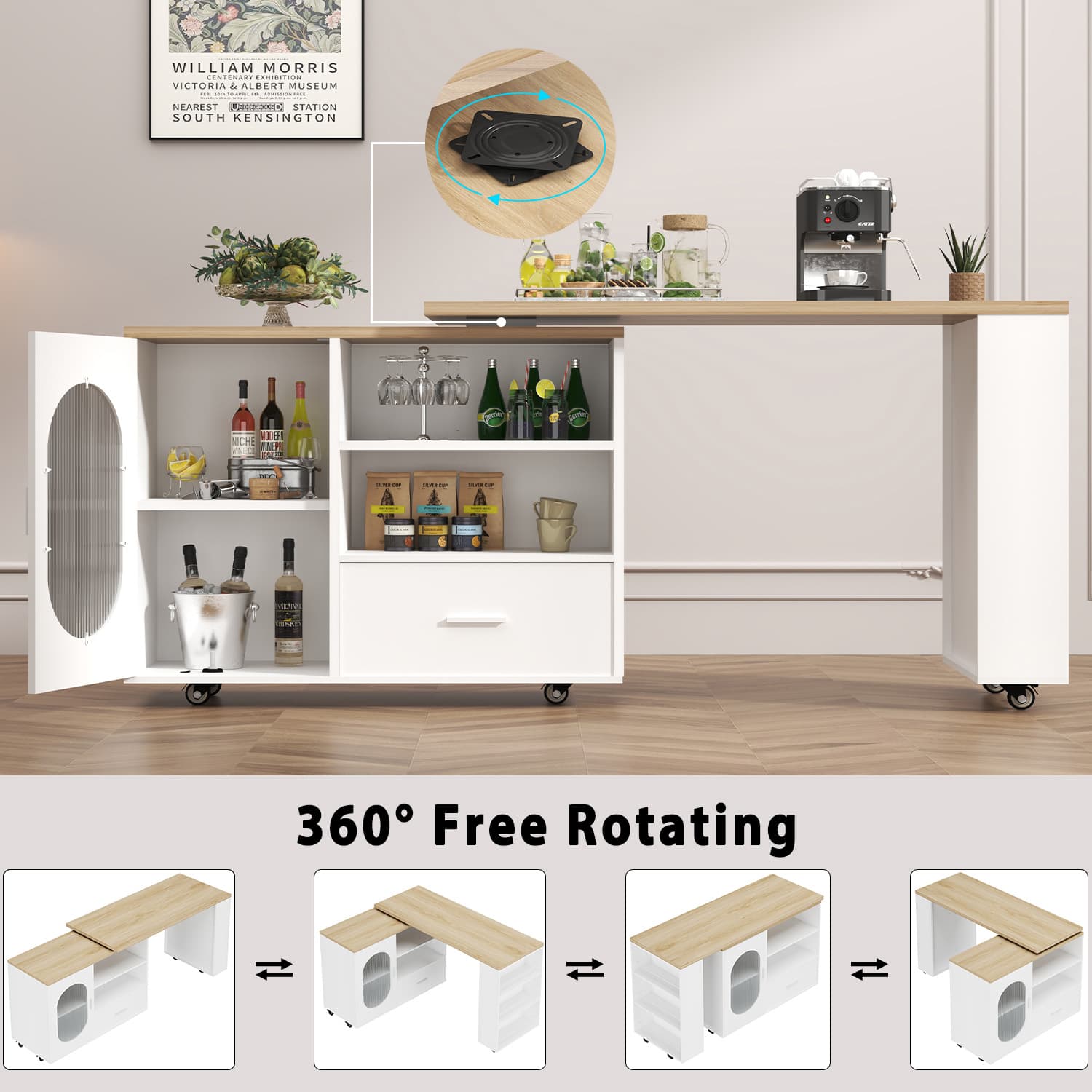 Paasyonmate 72" Mobile Rolling Kitchen Island with Seating and Storage Space, White Oak 10
