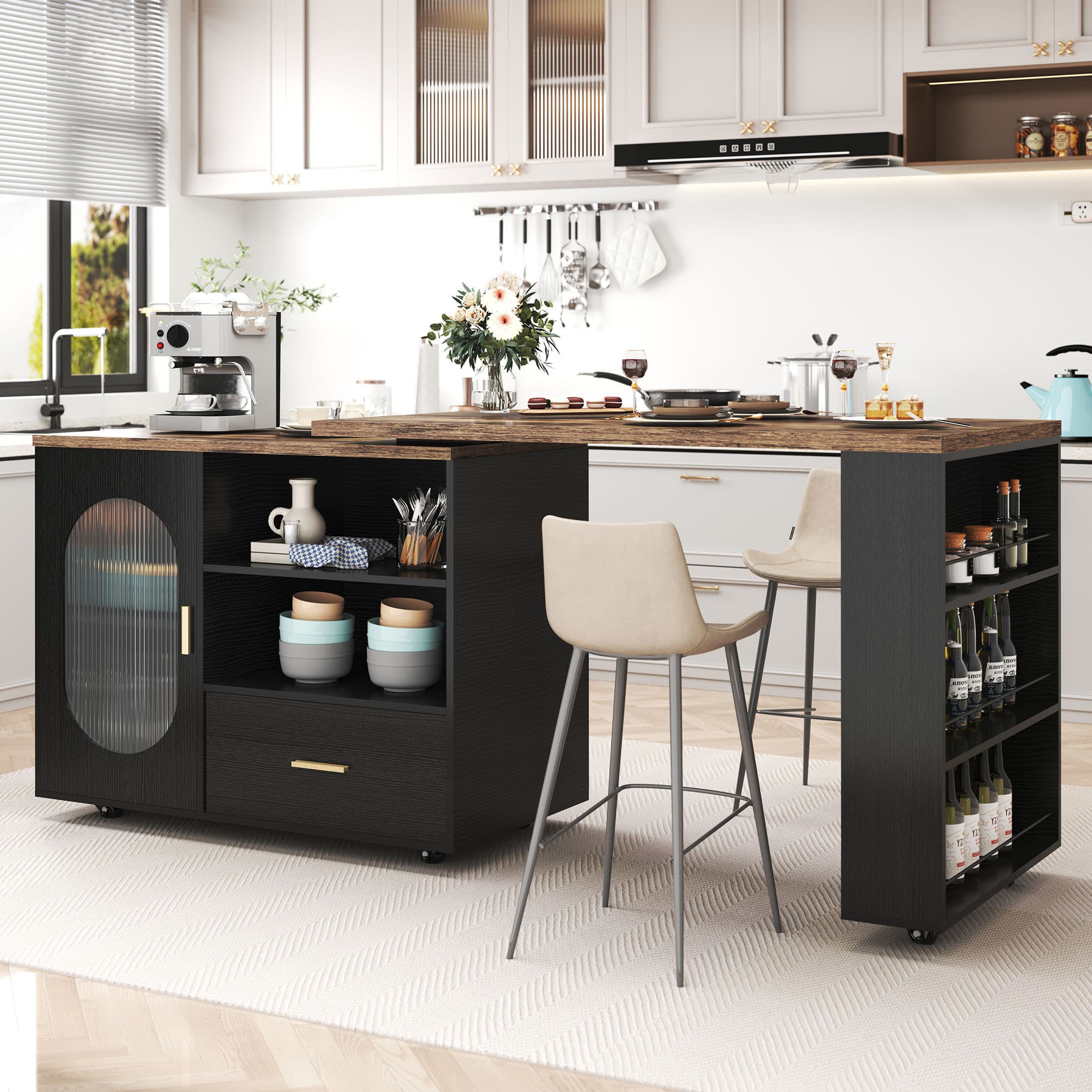 Paasyonmate 72" Mobile Rolling Kitchen Island with Seating and Storage Space, Rustic Brown