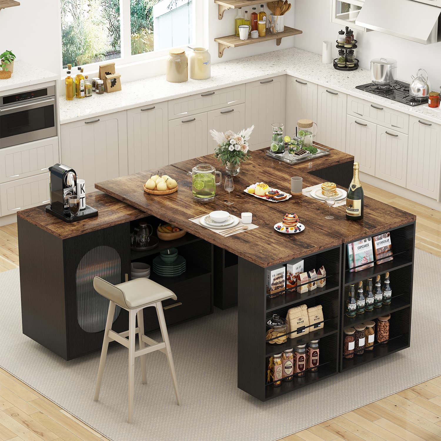 Paasyonmate 72" Mobile Rolling Kitchen Island with Seating and Storage Space, Rustic Brown 3