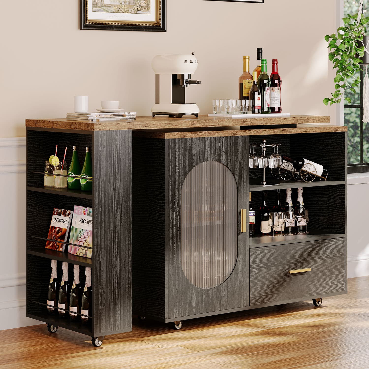 Paasyonmate 72" Mobile Rolling Kitchen Island with Seating and Storage Space, Rustic Brown 4