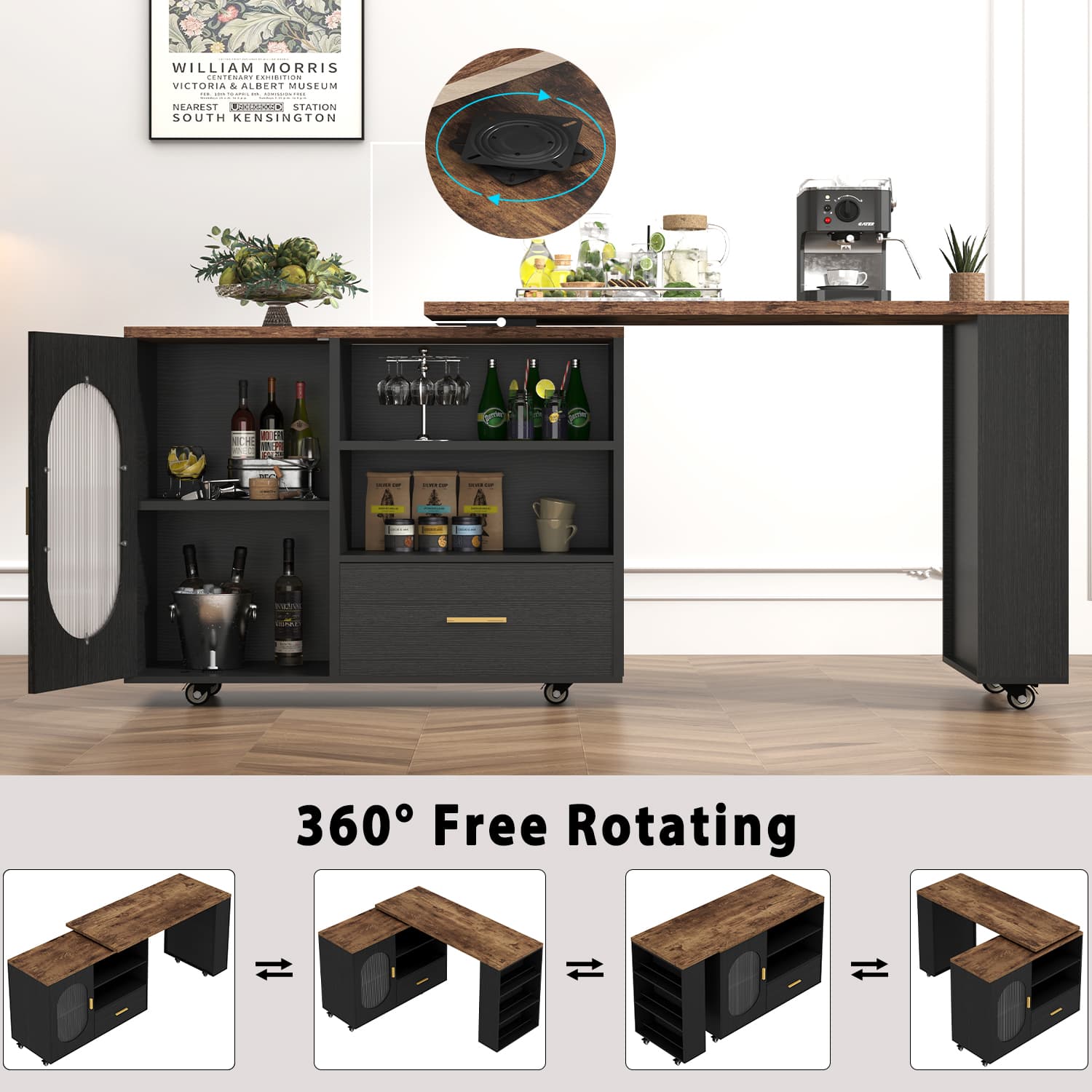 Paasyonmate 72" Mobile Rolling Kitchen Island with Seating and Storage Space, Rustic Brown 6