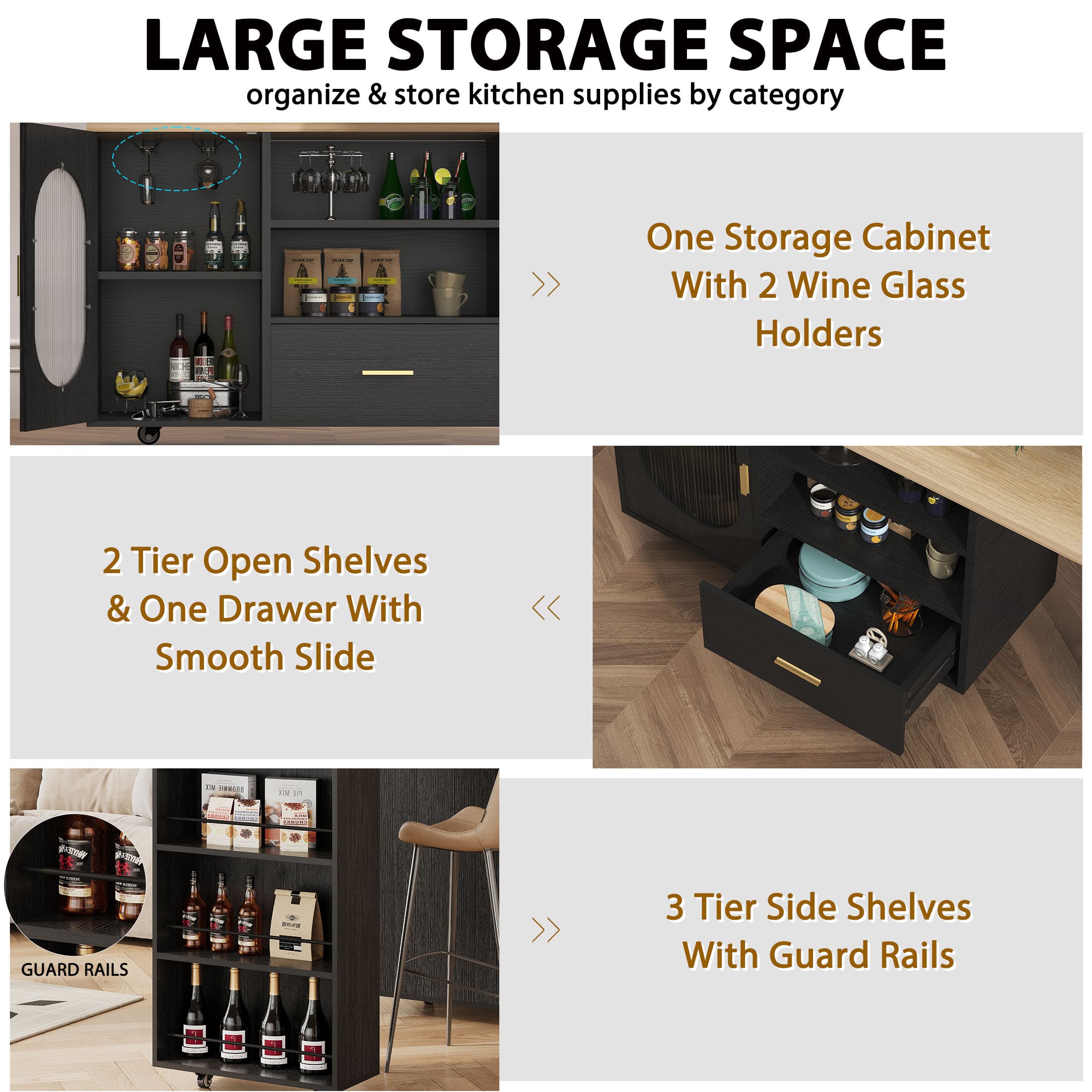 Paasyonmate Rolling Kitchen Island with Storage Cabinet, Rolling Cart with Swivel Table, Drawers, Shelves 3