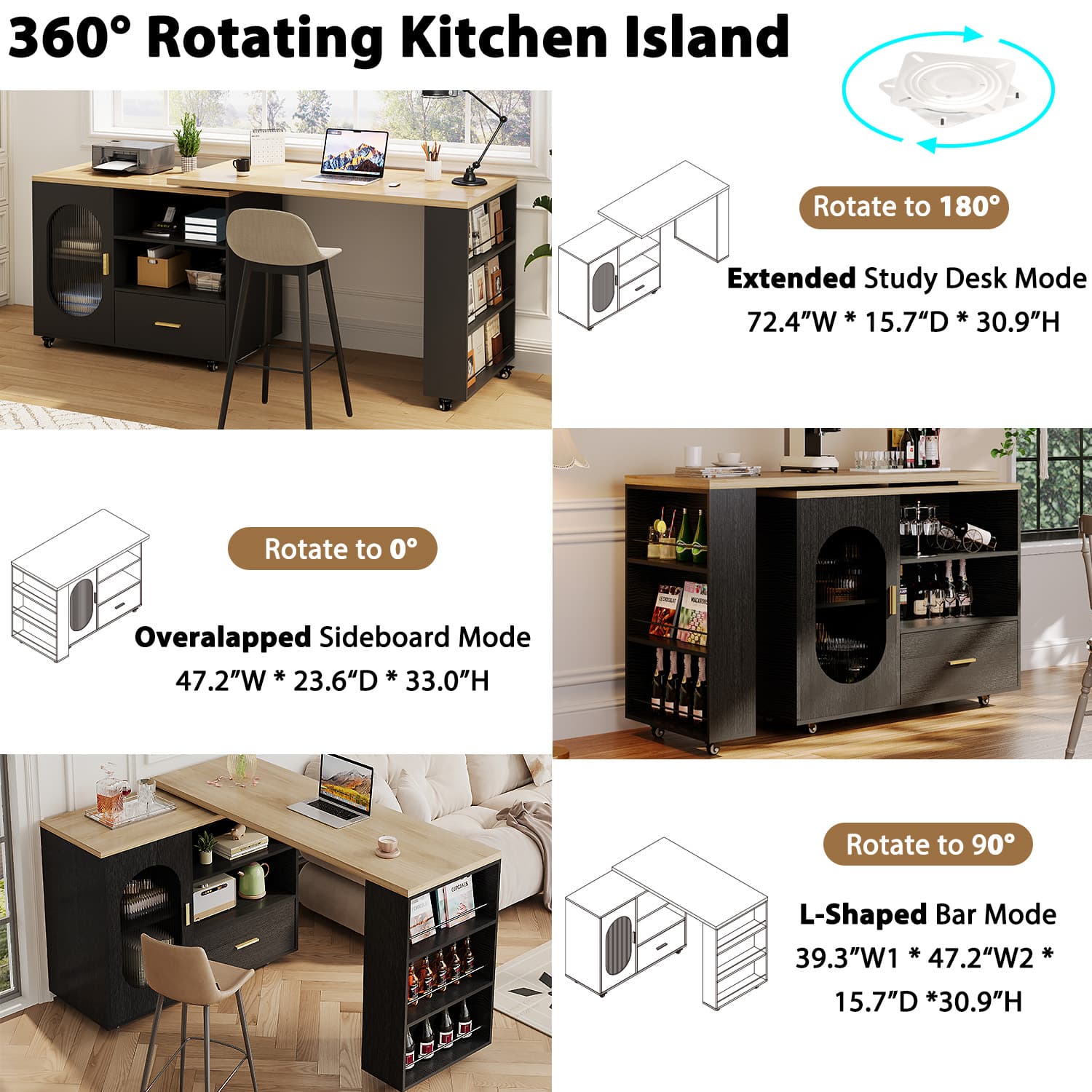 Paasyonmate Rolling Kitchen Island with Storage Cabinet, Rolling Cart with Swivel Table, Drawers, Shelves 4