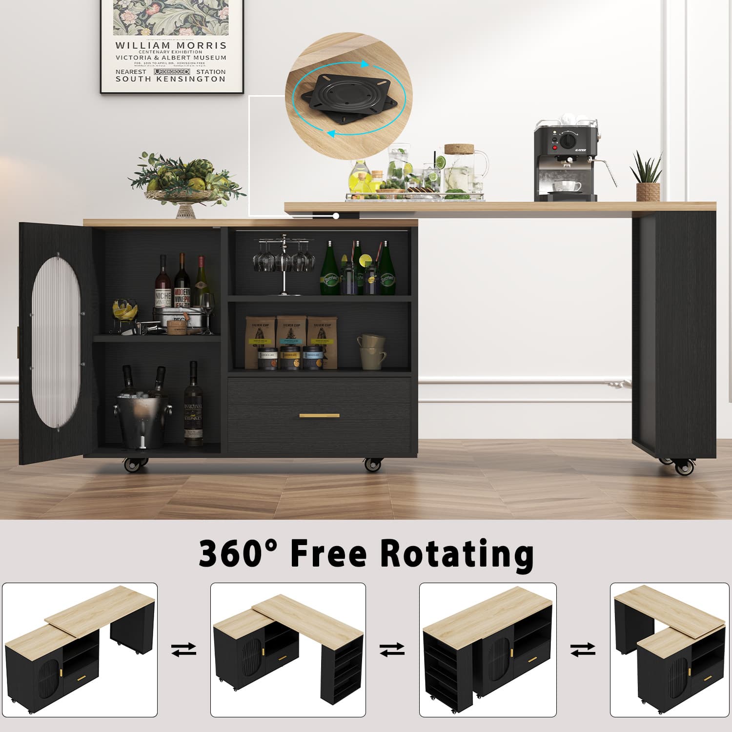 Paasyonmate Rolling Kitchen Island with Storage Cabinet, Rolling Cart with Swivel Table, Drawers, Shelves 7