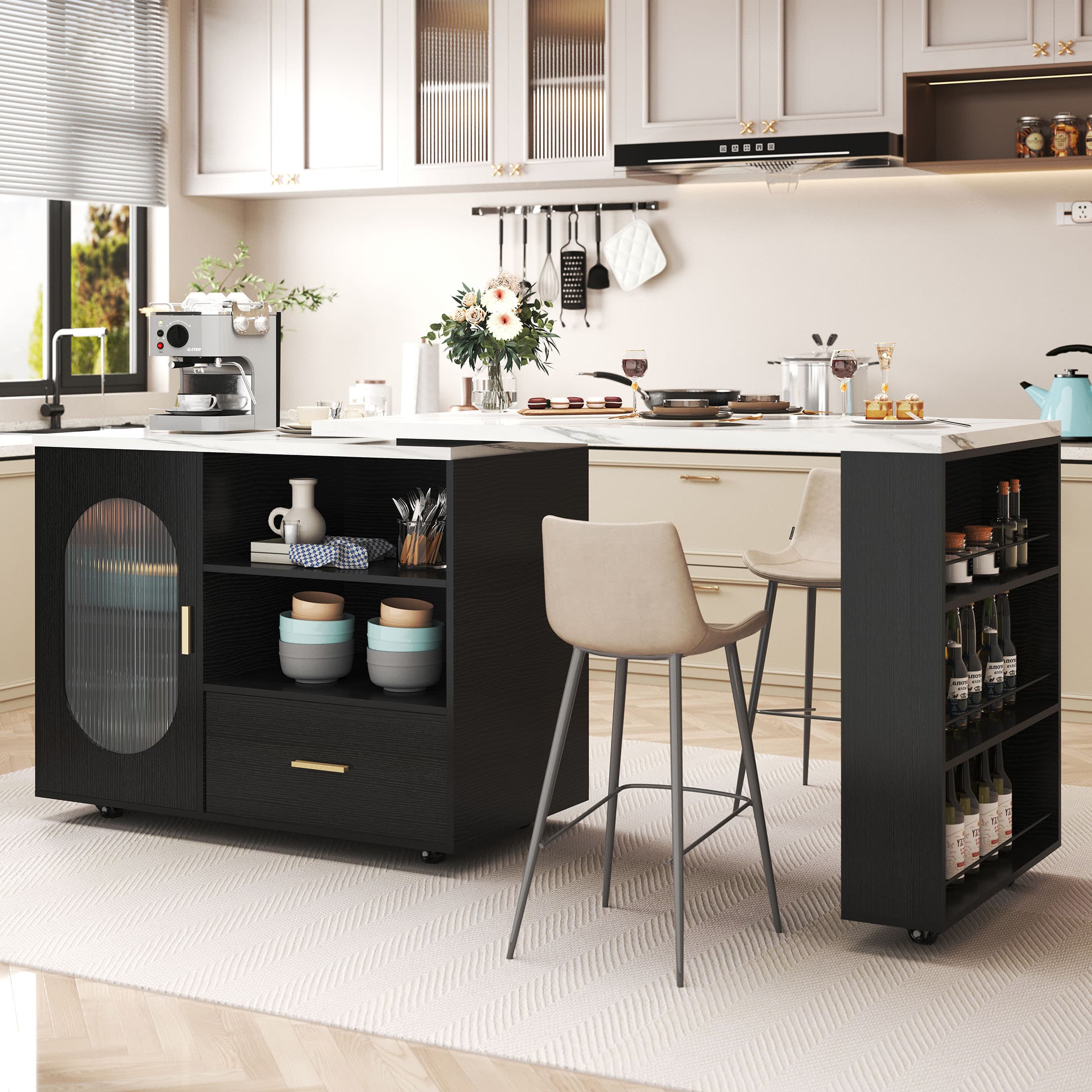 Paasyonmate 72" Mobile Rolling Kitchen Island with Seating and Storage Space, White Marble