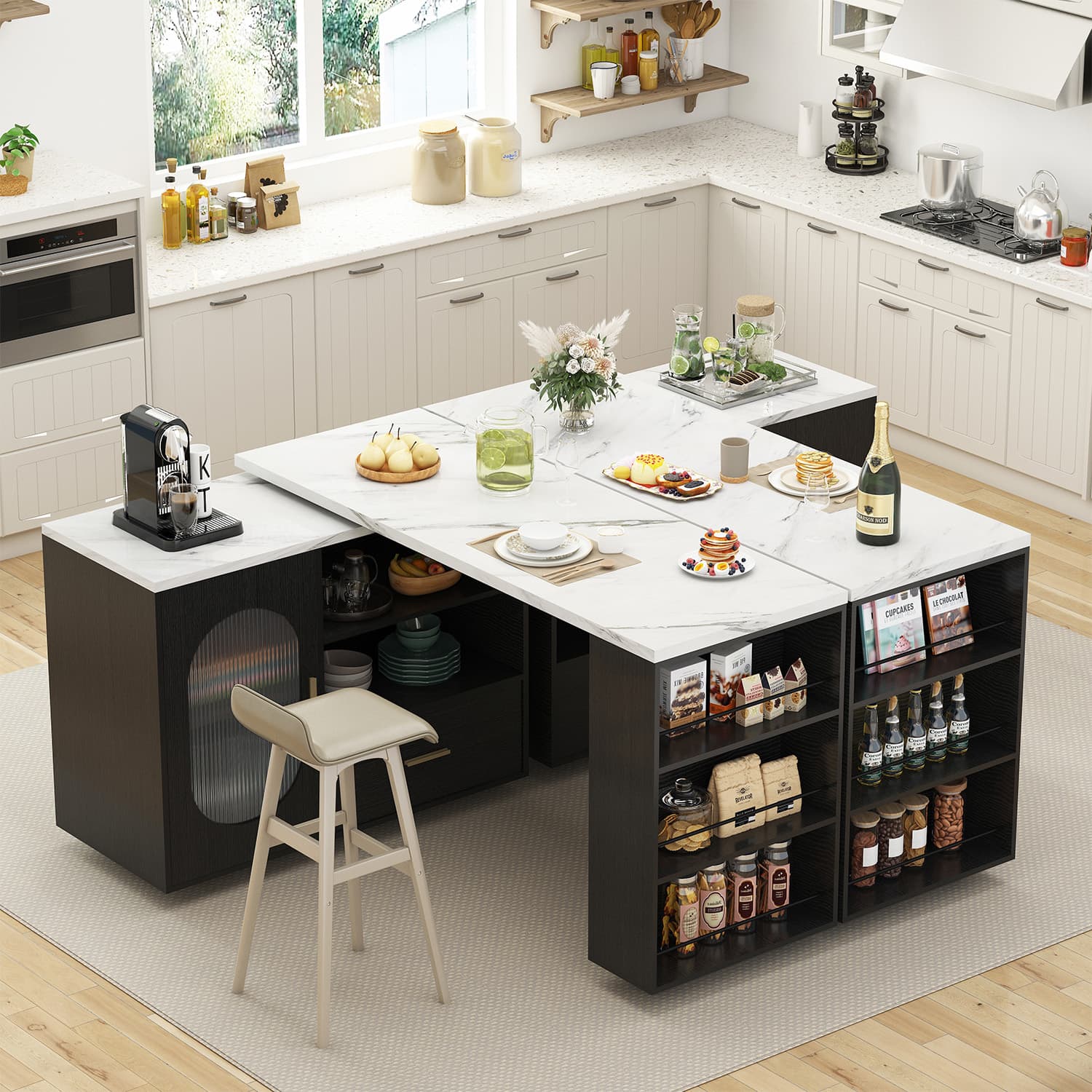 Paasyonmate 72" Mobile Rolling Kitchen Island with Seating and Storage Space, White Marble 2