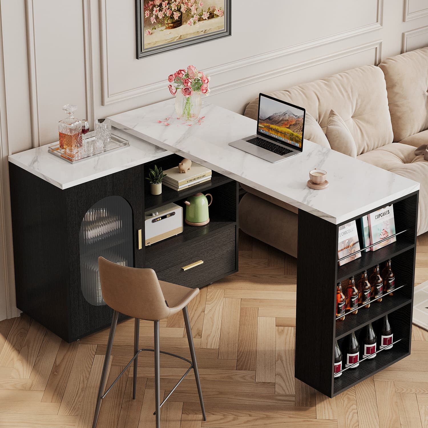 Paasyonmate 72" Mobile Rolling Kitchen Island with Seating and Storage Space, White Marble 3