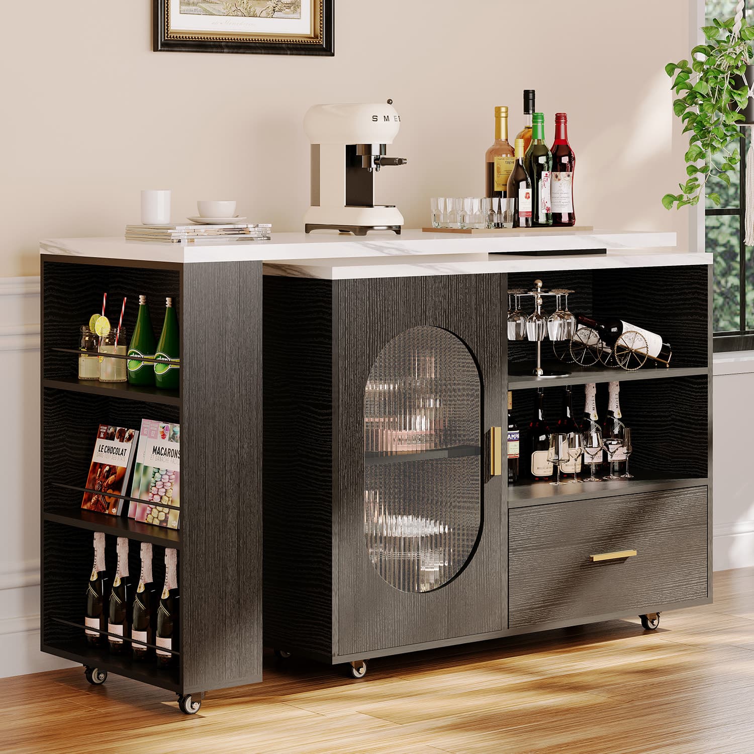 Paasyonmate 72" Mobile Rolling Kitchen Island with Seating and Storage Space, White Marble 4