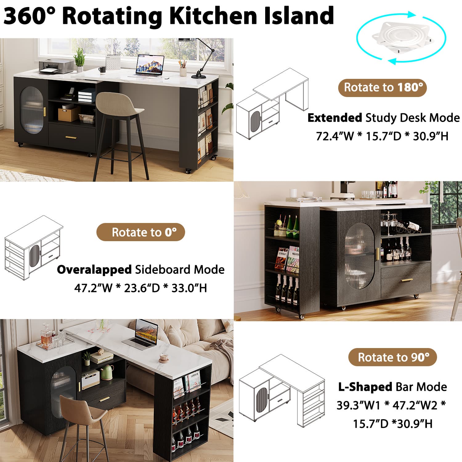 Paasyonmate 72" Mobile Rolling Kitchen Island with Seating and Storage Space, White Marble 9