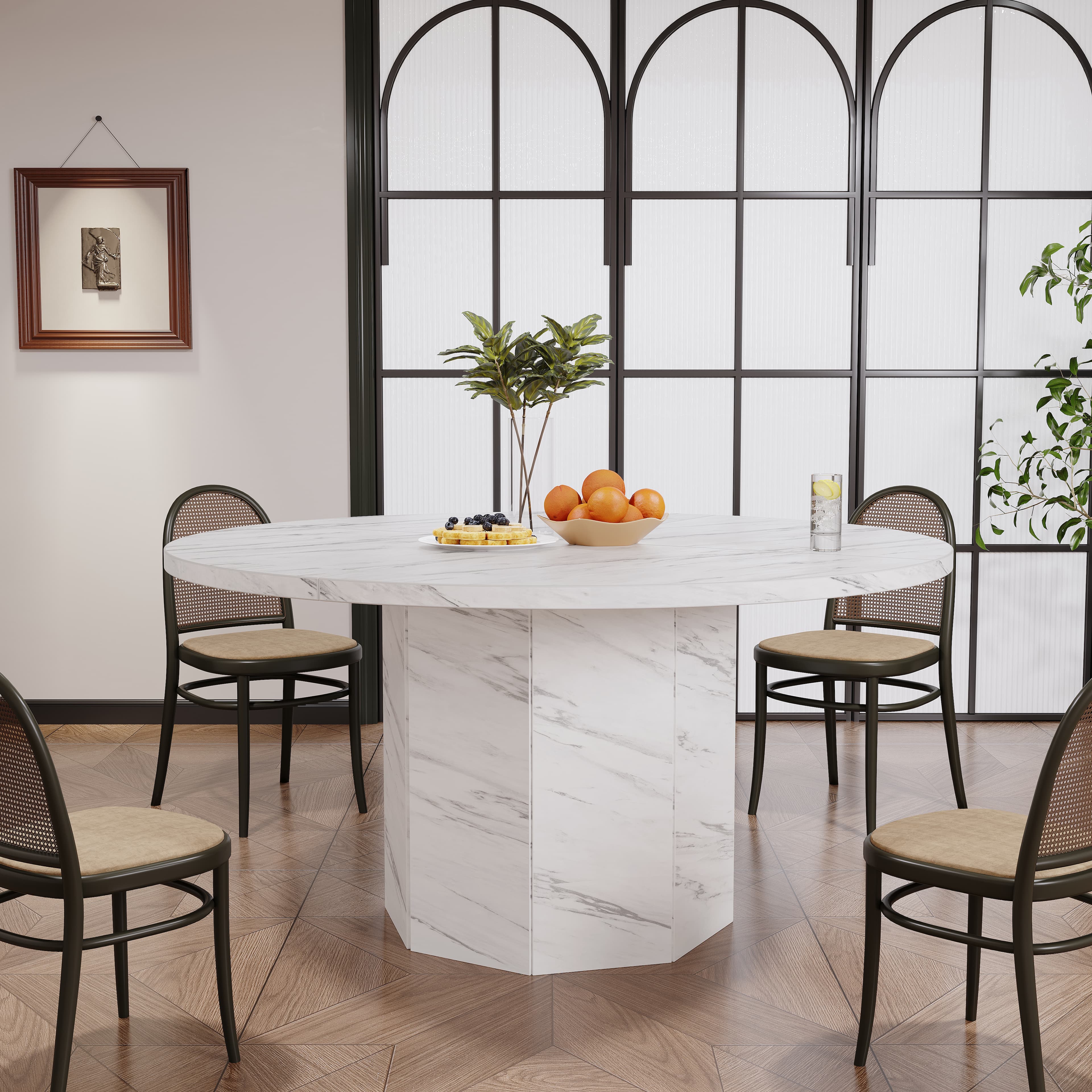 Paasyonmate 47" White Faux Marble Round Dining Table with Octagon Pedestal Base for Home