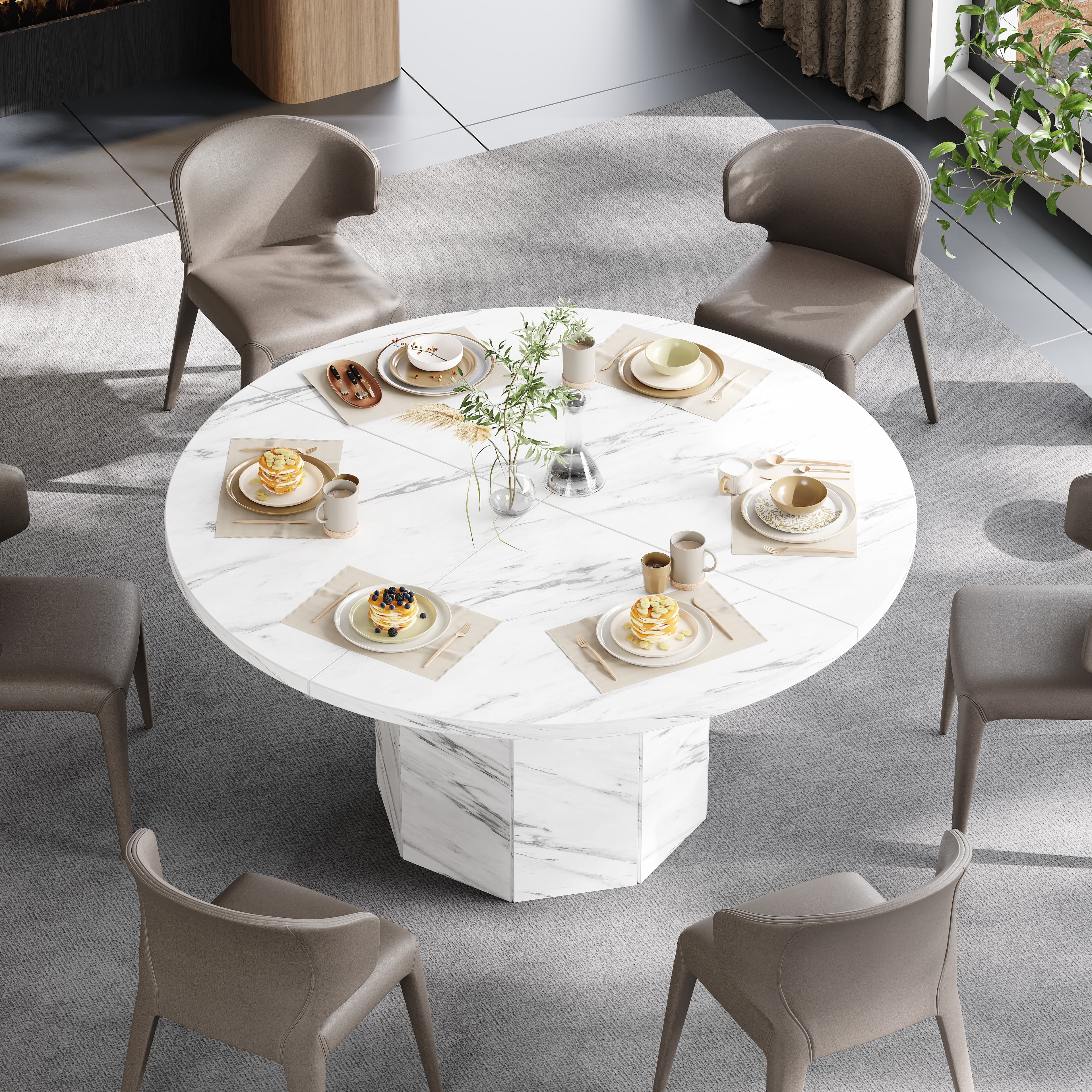 Paasyonmate 47" White Faux Marble Round Dining Table with Octagon Pedestal Base for Home 2