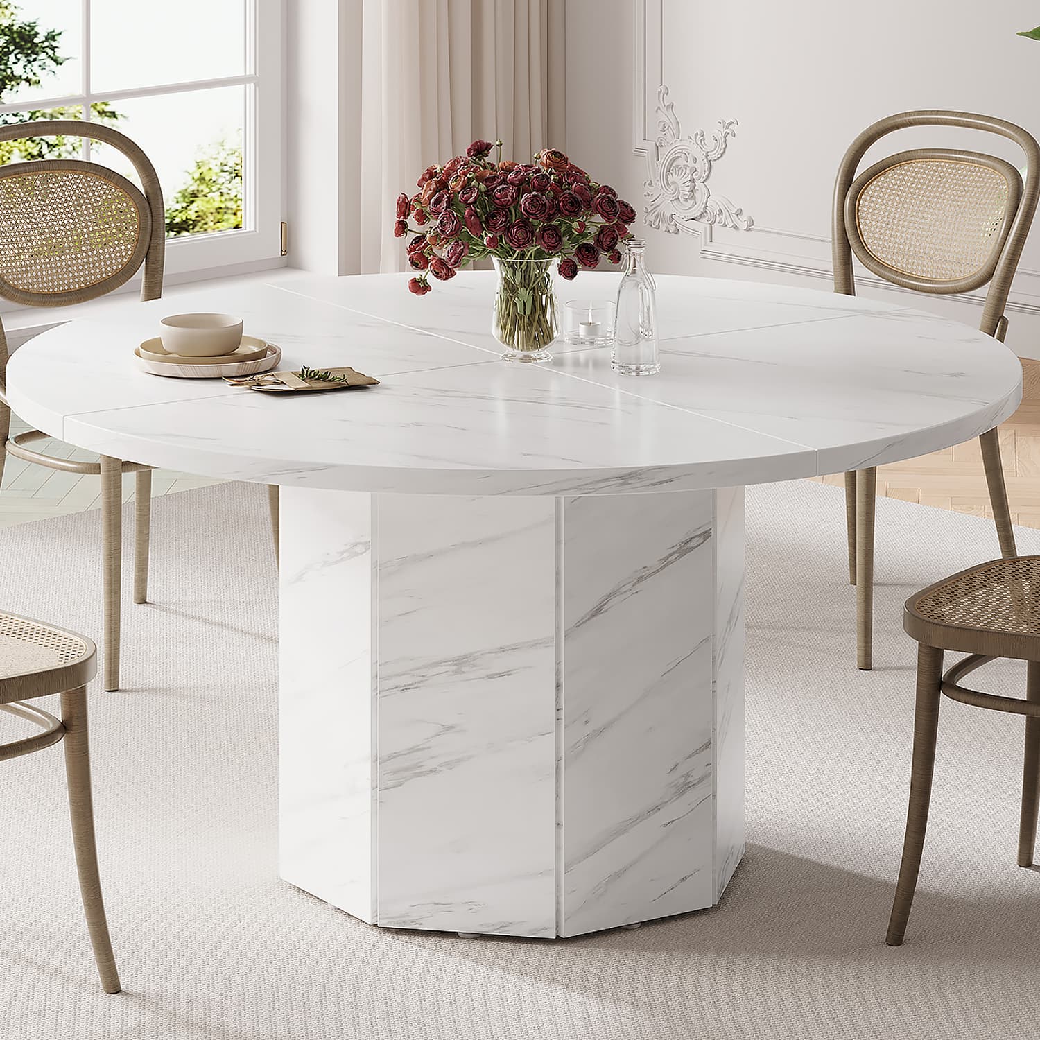 Paasyonmate 47" White Faux Marble Round Dining Table with Octagon Pedestal Base for Home 3