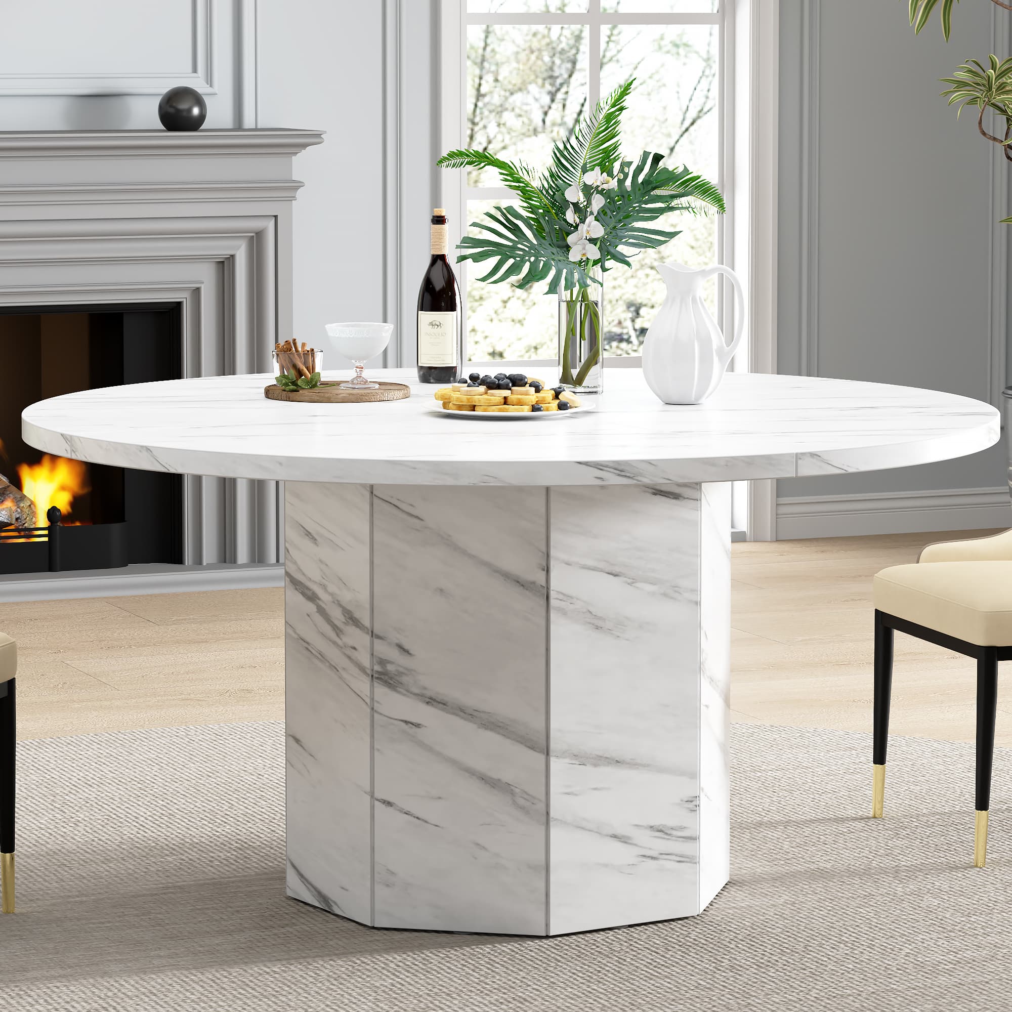 Paasyonmate 47" White Faux Marble Round Dining Table with Octagon Pedestal Base for Home 4