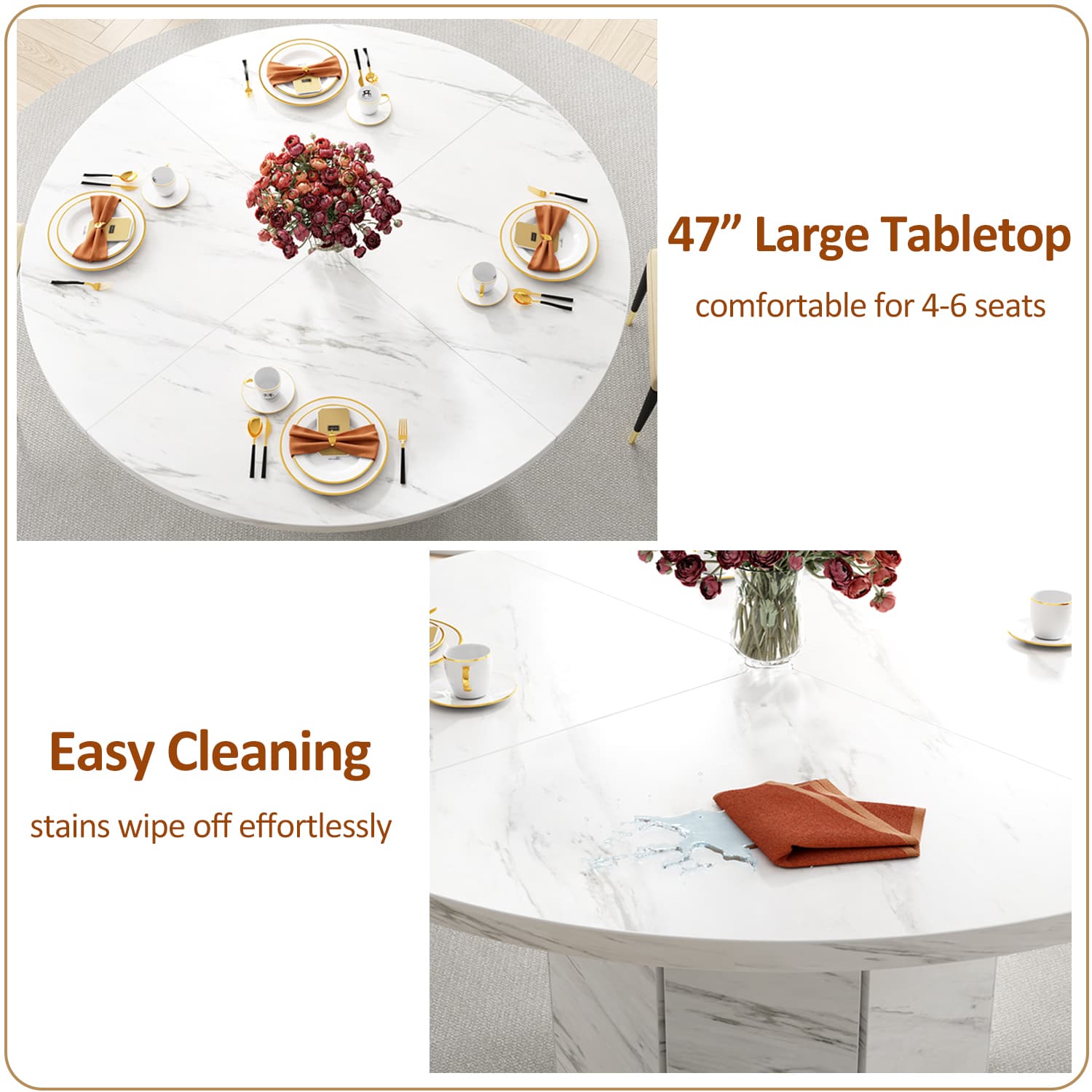 Paasyonmate 47" White Faux Marble Round Dining Table with Octagon Pedestal Base for Home 5