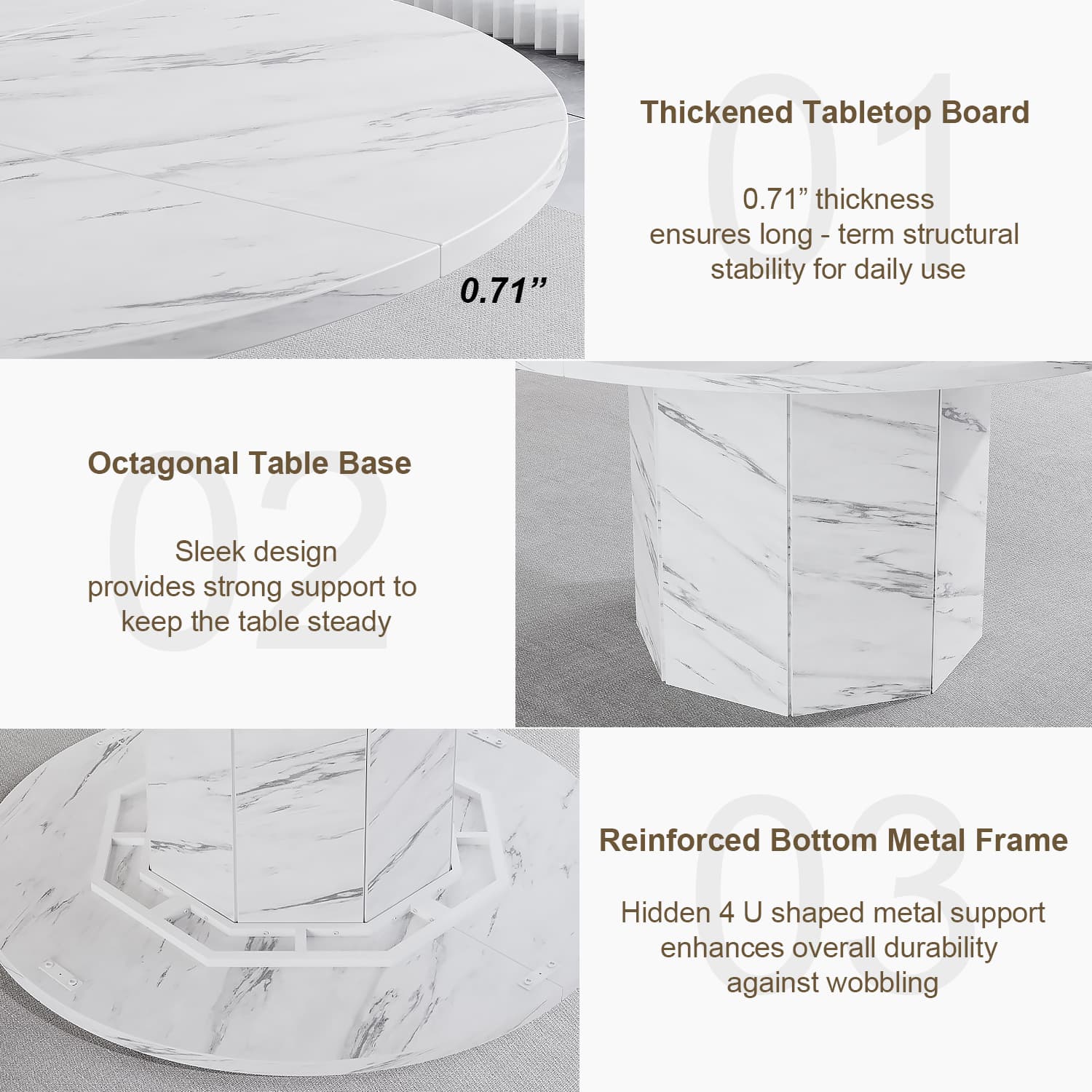 Paasyonmate 47" White Faux Marble Round Dining Table with Octagon Pedestal Base for Home 7