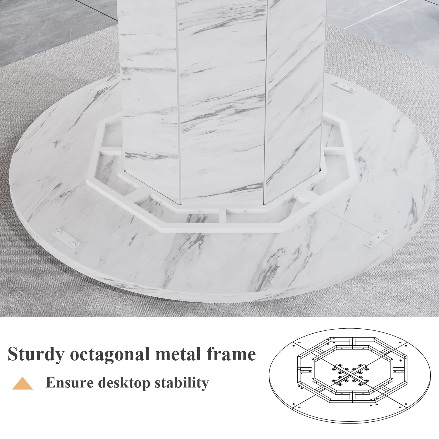 Paasyonmate 47" White Faux Marble Round Dining Table with Octagon Pedestal Base for Home 8