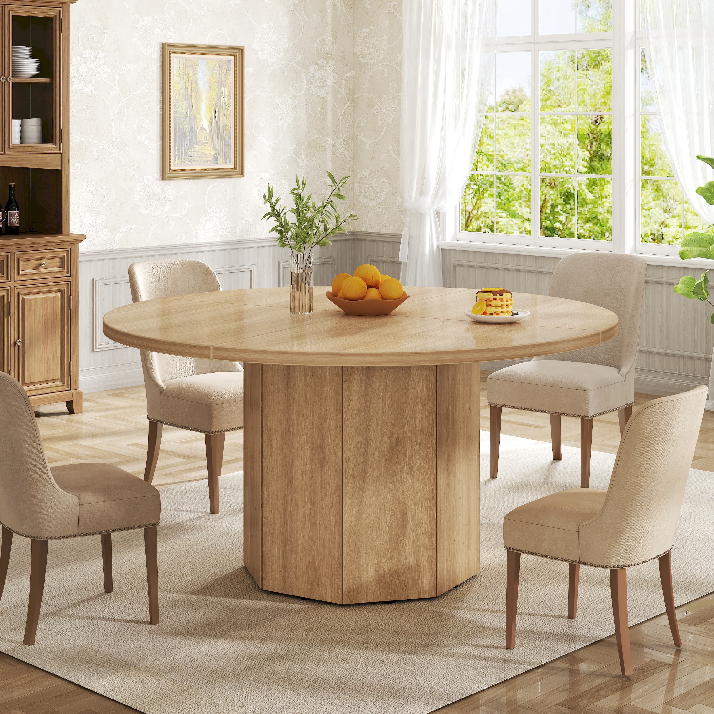 Paasyonmate 47 inch Round Dining Table, Light Oak Circular Kitchen Table for Home, Apartment