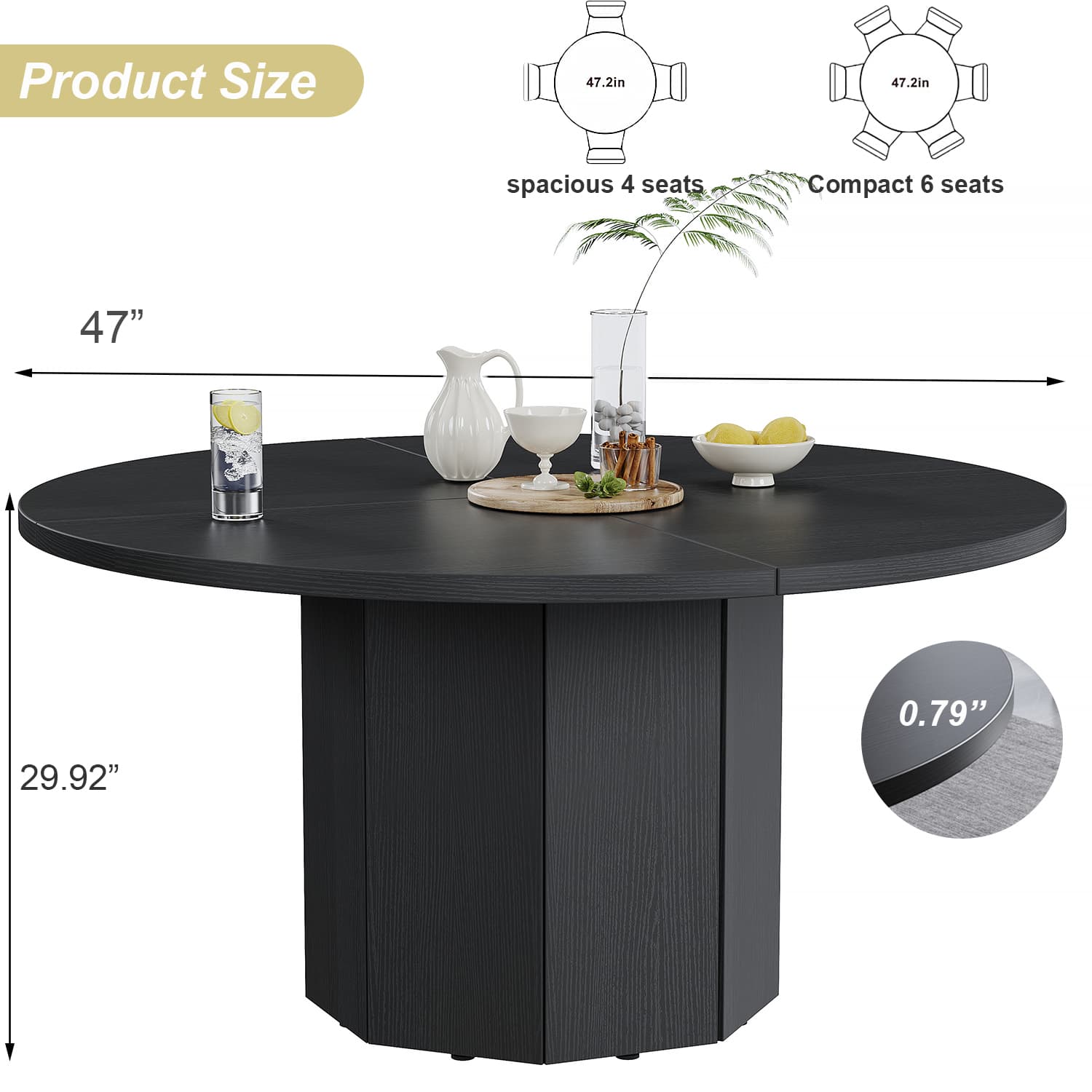 Paasyonmate 47" Black Round Dining Table with Octagon Base for Home Kitchen 7