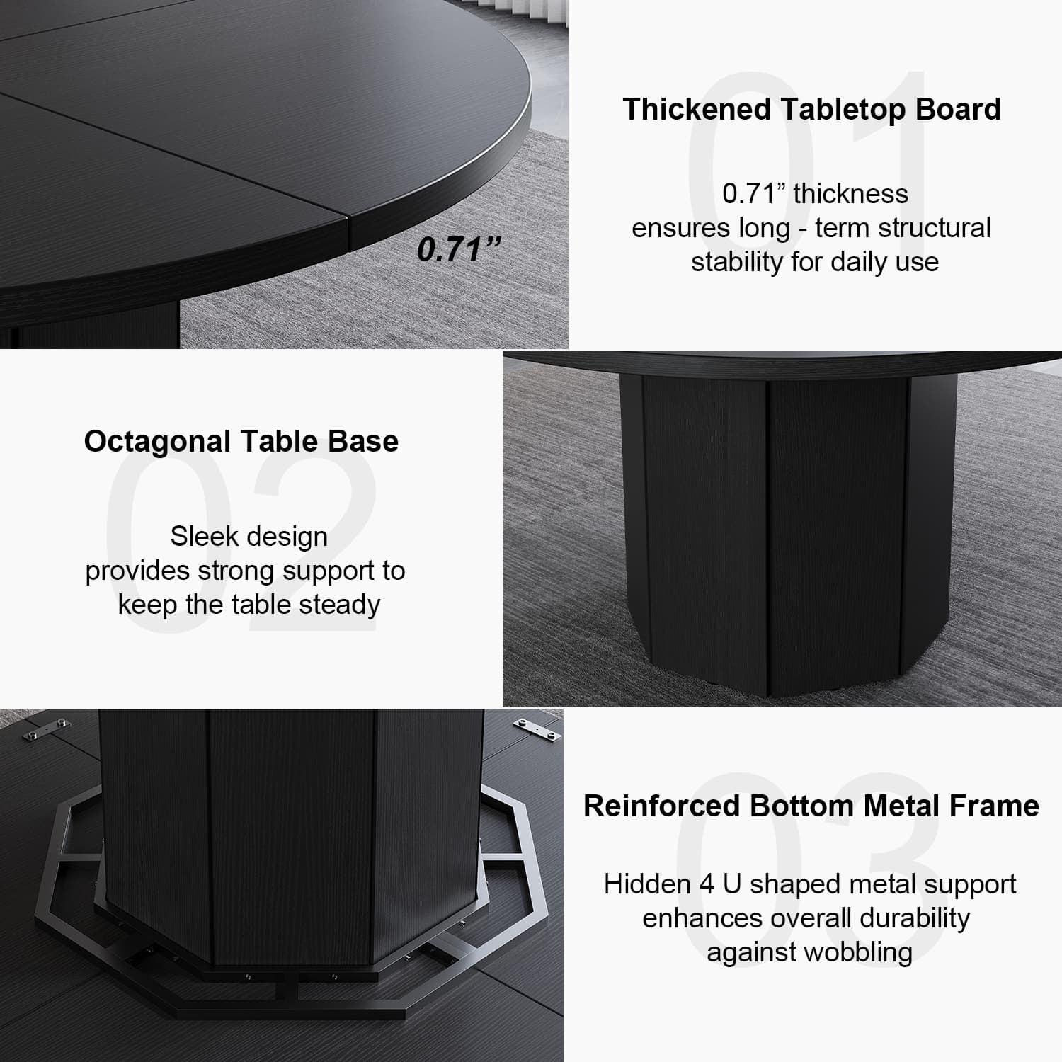 Paasyonmate 47" Black Round Dining Table with Octagon Base for Home Kitchen 10