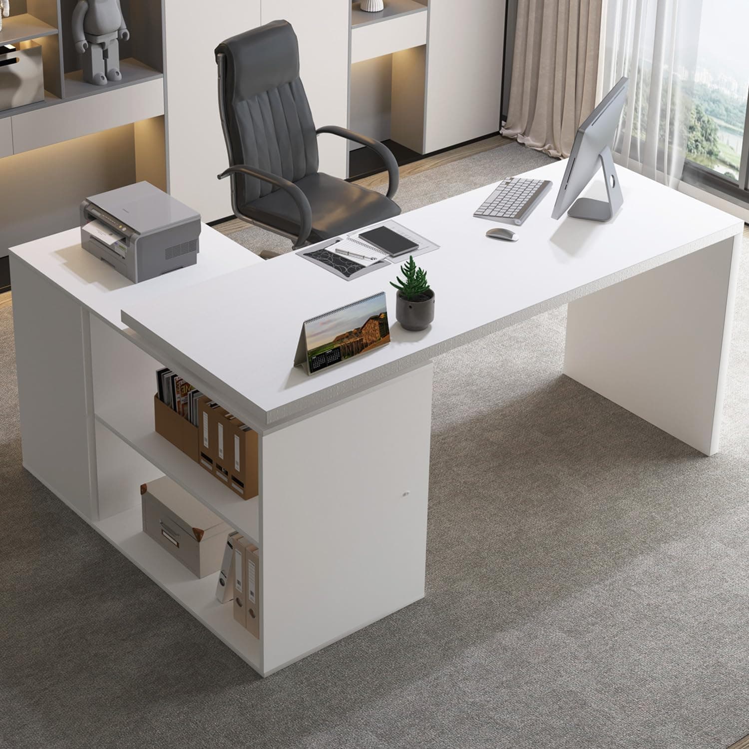 Paasyonmate 55 inch L-Shaped Computer Desk, Reversible Corner Desk with Storage Shelves for Home Office & Gaming, White