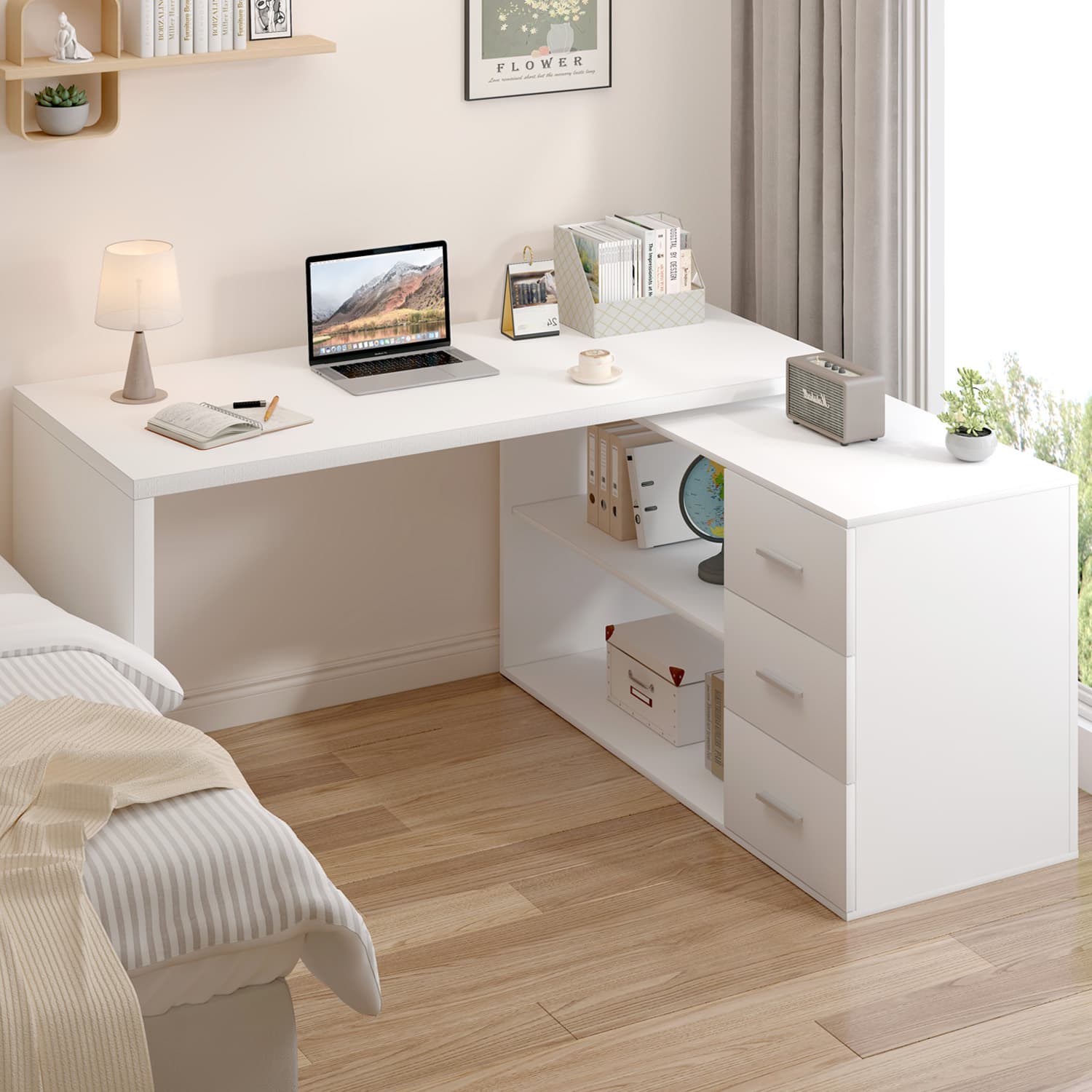 Paasyonmate 60“ L-Shaped Computer Desk with Drawers and Shelves, Corner Desk with Storage Cabinet for Home Office, White