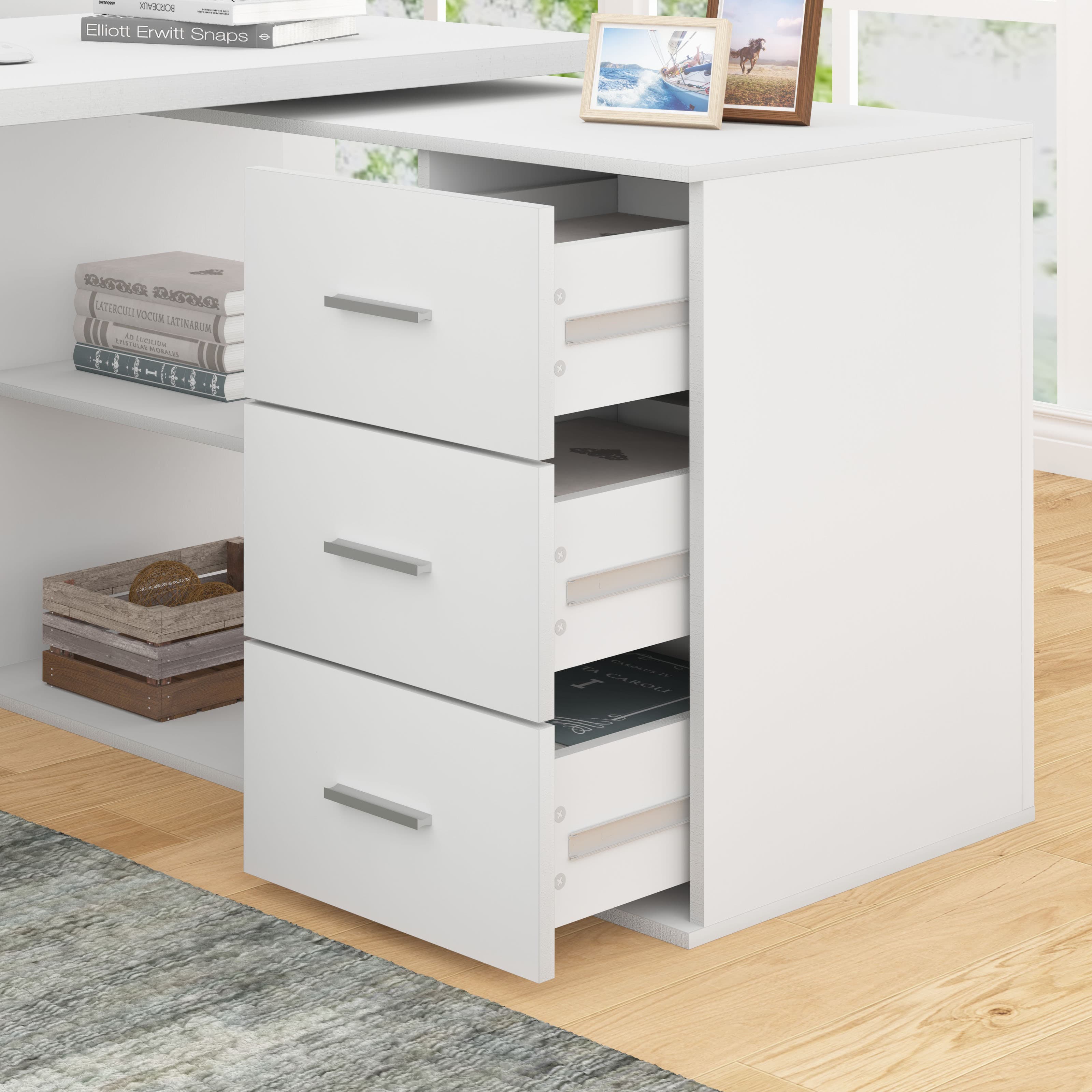 Paasyonmate 60“ L-Shaped Computer Desk with Drawers and Shelves, Corner Desk with Storage Cabinet for Home Office, White 3