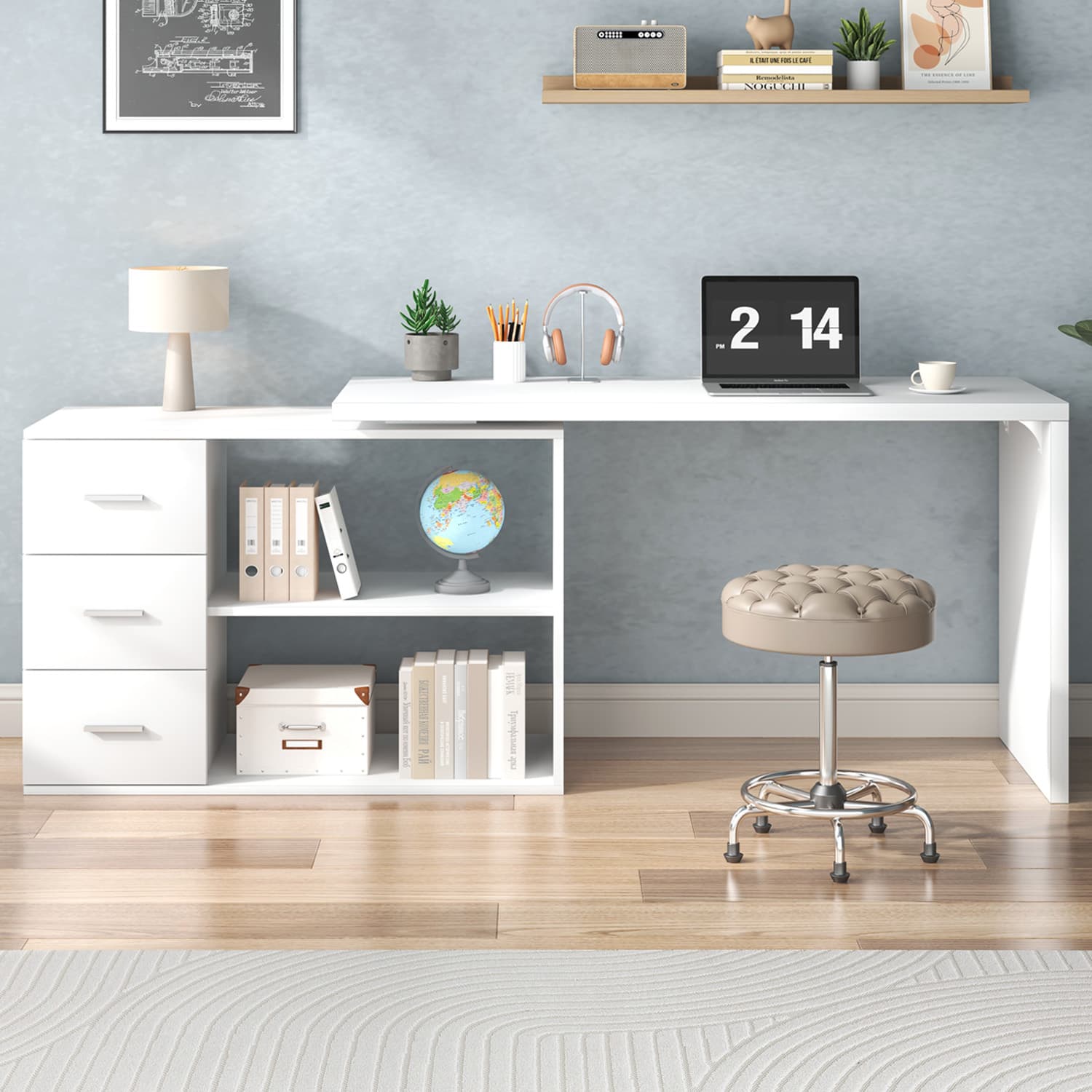 Paasyonmate 60“ L-Shaped Computer Desk with Drawers and Shelves, Corner Desk with Storage Cabinet for Home Office, White 4
