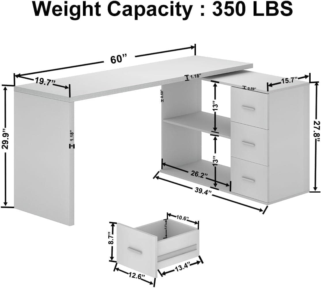 Paasyonmate 60“ L-Shaped Computer Desk with Drawers and Shelves, Corner Desk with Storage Cabinet for Home Office, White 5