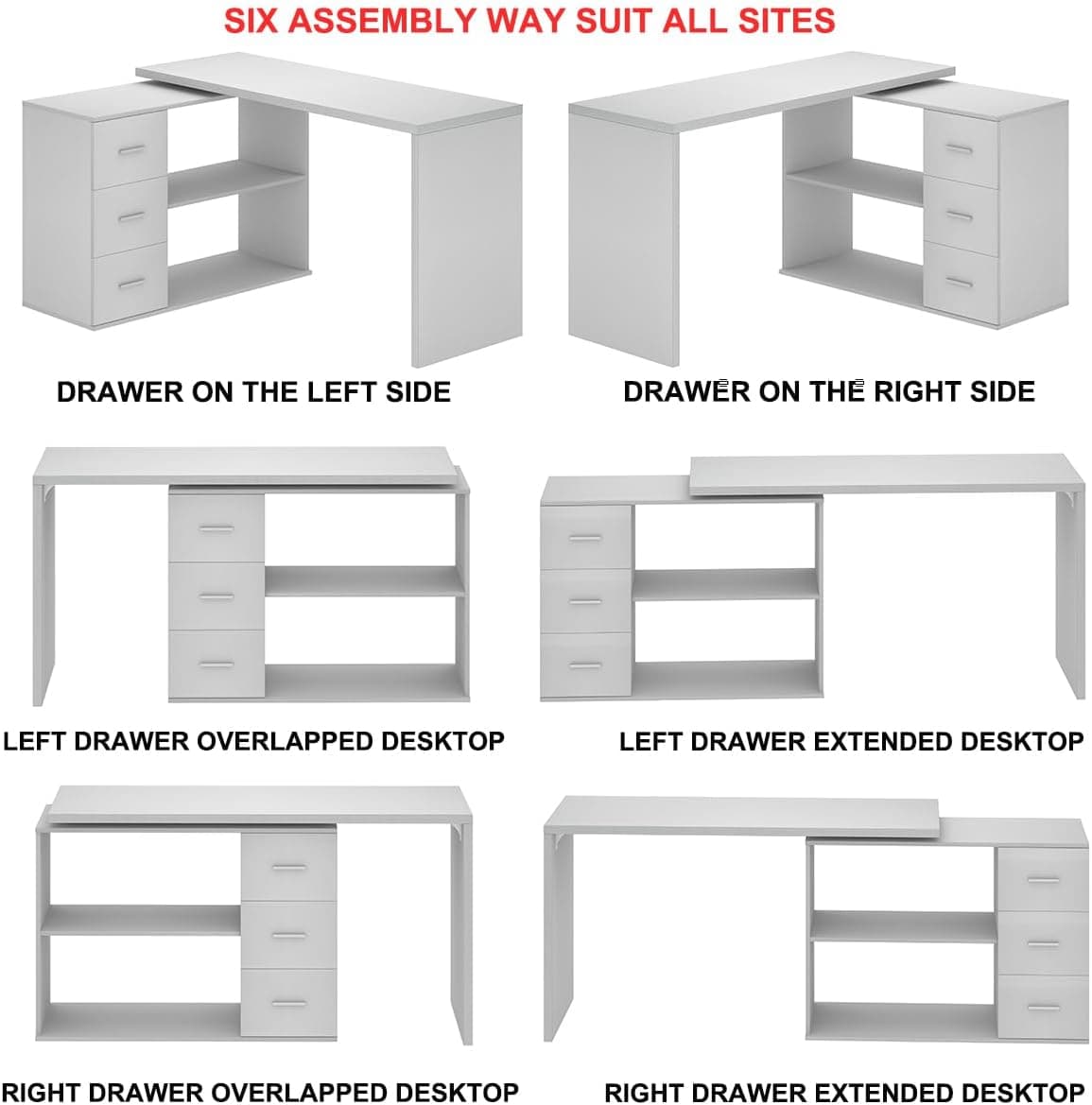 Paasyonmate 60“ L-Shaped Computer Desk with Drawers and Shelves, Corner Desk with Storage Cabinet for Home Office, White 6