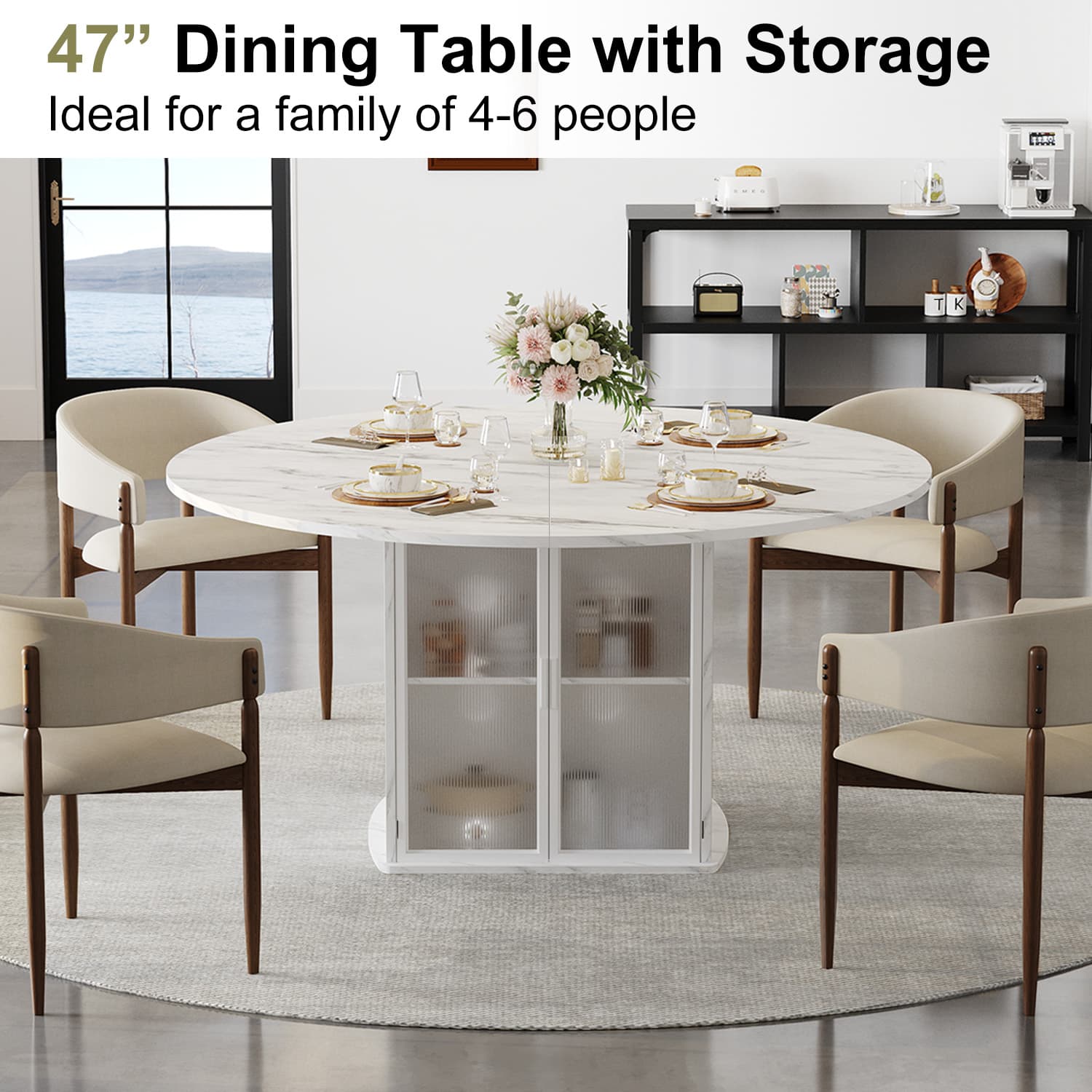 Paayonomate 47" Round Dining Table with Storage for 4-6, Modern Kitchen Table 2