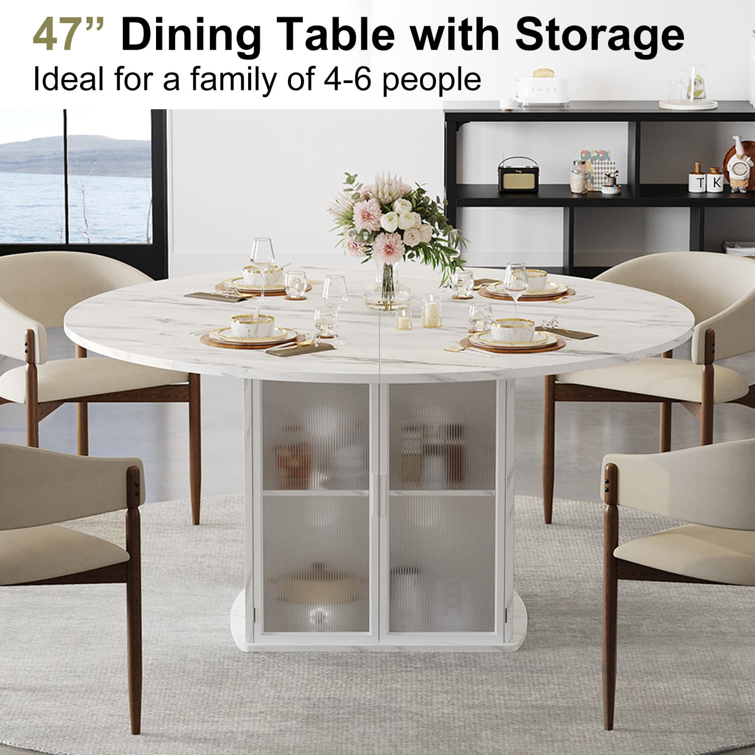 Paayonomate 47" Round Dining Table with Storage for 4-6, Modern Kitchen Table 3