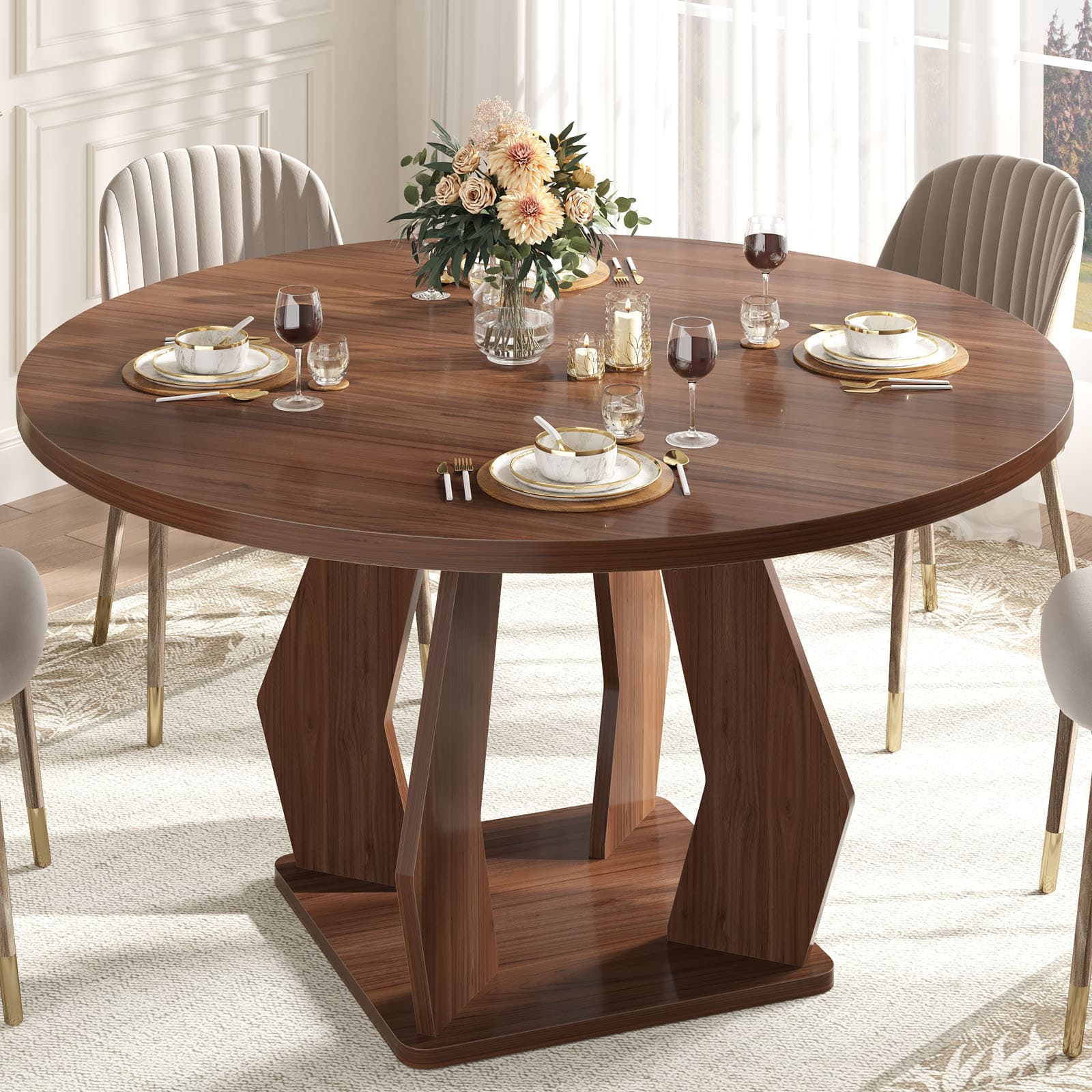 Paasyonmate 47" Round Dining Table, Sturdy Modern Kitchen Table, Walnut