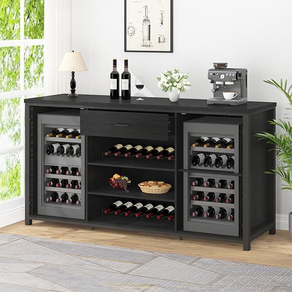 Paasyonmate 70.9" Industrial Wine Bar Cabinet with Mini Fridge Space, Wine Rack, Stemware Holders and Drawer, Fridge Not Included, Black