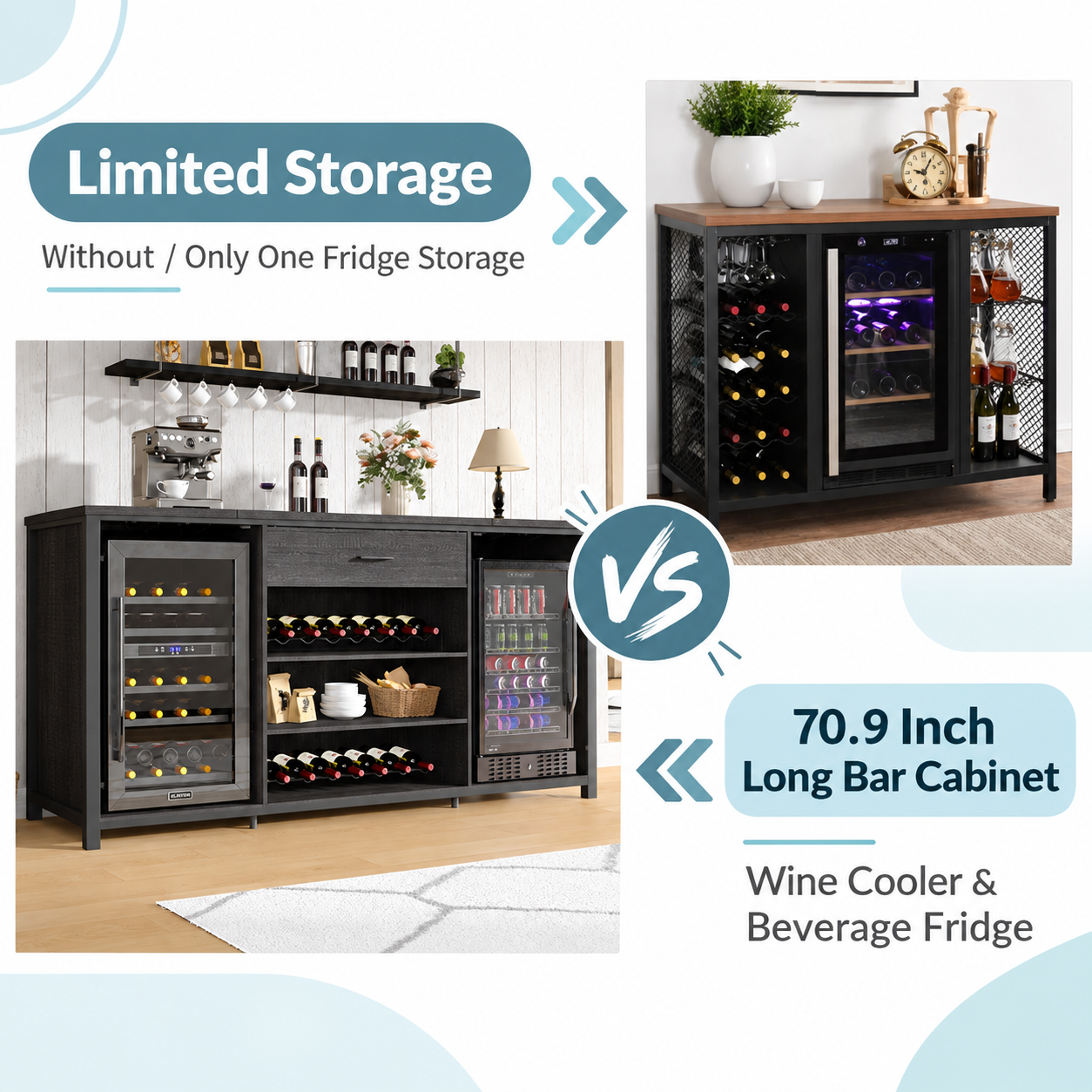 Paasyonmate 70.9" Industrial Wine Bar Cabinet with Mini Fridge Space, Wine Rack, Stemware Holders and Drawer, Fridge Not Included, Black 2