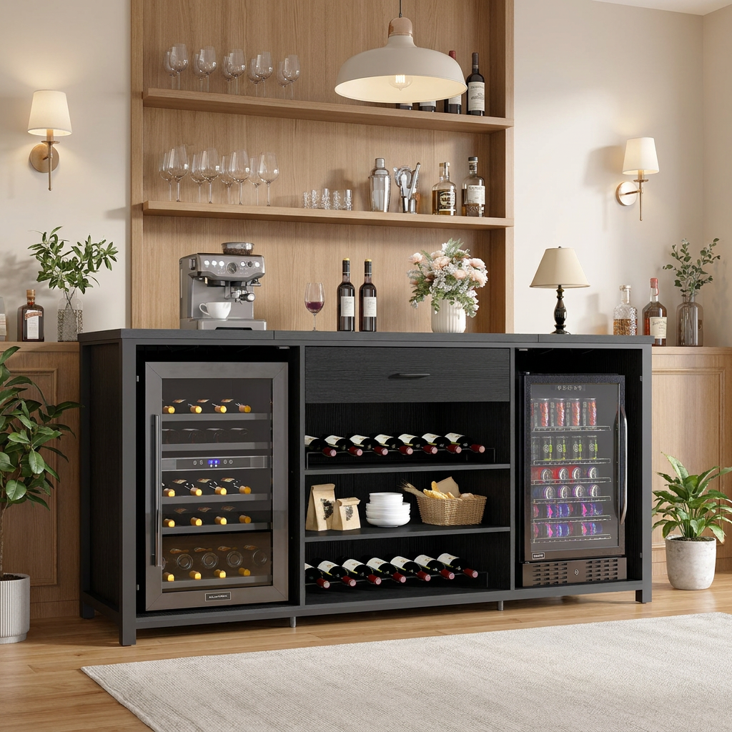 Paasyonmate 70.9" Industrial Wine Bar Cabinet with Mini Fridge Space, Wine Rack, Stemware Holders and Drawer, Fridge Not Included, Black 3