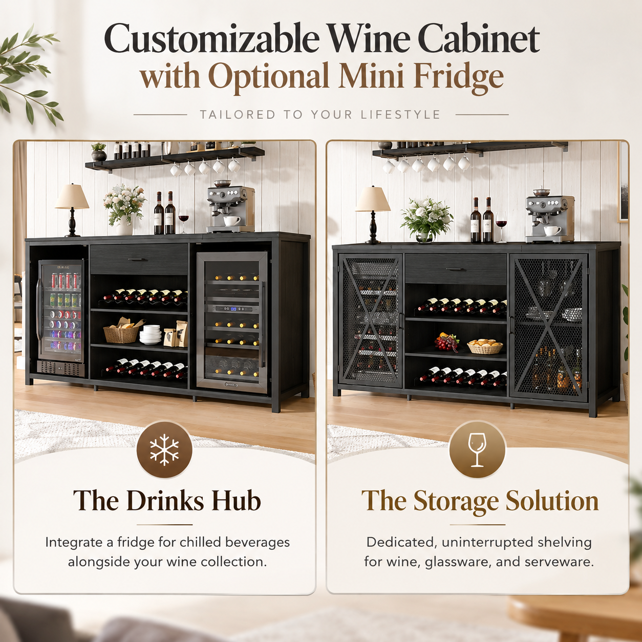 Paasyonmate 70.9" Industrial Wine Bar Cabinet with Mini Fridge Space, Wine Rack, Stemware Holders and Drawer, Fridge Not Included, Black 4
